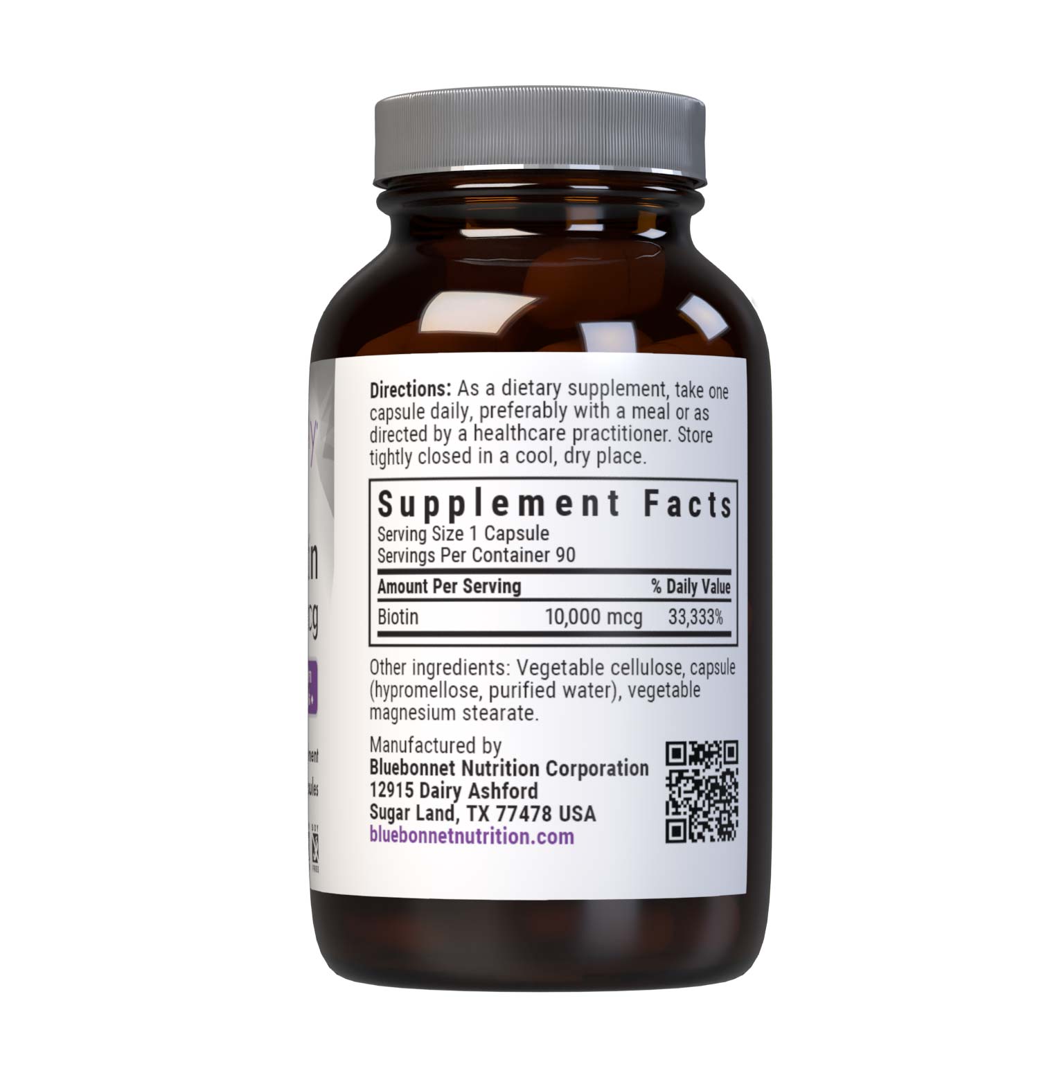 Bluebonnet’s Beautiful Ally Biotin 10,000 mcg 90 Vegetable Capsules are specially formulated to help strengthen hair and nails with yeast-free biotin, a water-soluble B vitamin, in its crystalline form. Supplement facts panel. #size_90 count