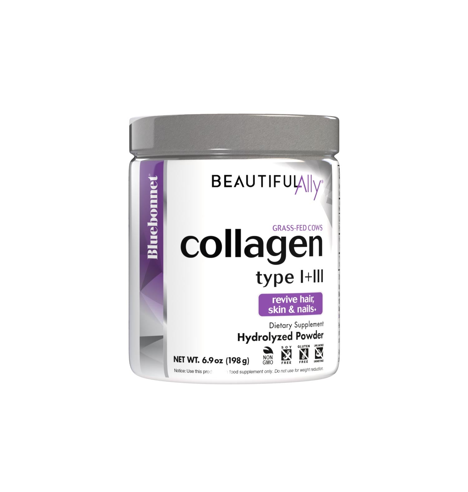 Bluebonnet’s Beautiful Ally Collagen 6.6 g Type I+III Powder is specially formulated to help support skin, hair and nails with collagen peptides type I+III from grass-fed cows. Collagen peptides help to replenish nutrients lost over time by boosting collagen production, which helps to strengthen hair and nails while supporting the skin’s hydration balance and elasticity to counteract visible signs of aging. #size_6.9 oz