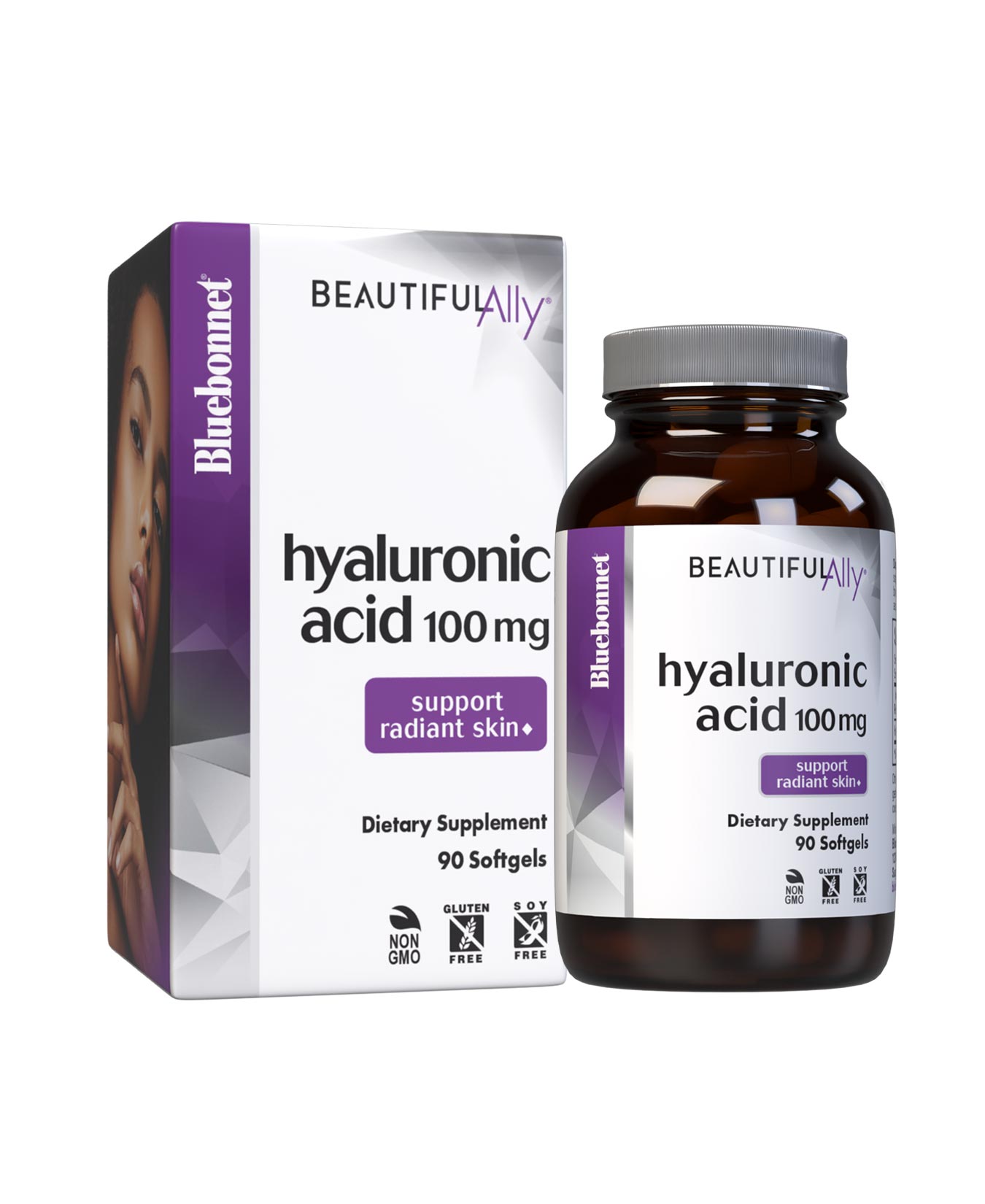 Bluebonnet’s Beautiful Ally Hyaluronic Acid 100 mg 90 Softgels are specially formulated to help increase skin hydration and repair with vegan-sourced hyaluronic acid in a base of non-GMO sunflower oil. Hyaluronic acid serves as a cushion and lubricant with the skin tp help create a more supple, luminescent, youthful appearance. Bottle with Box. #size_90 count