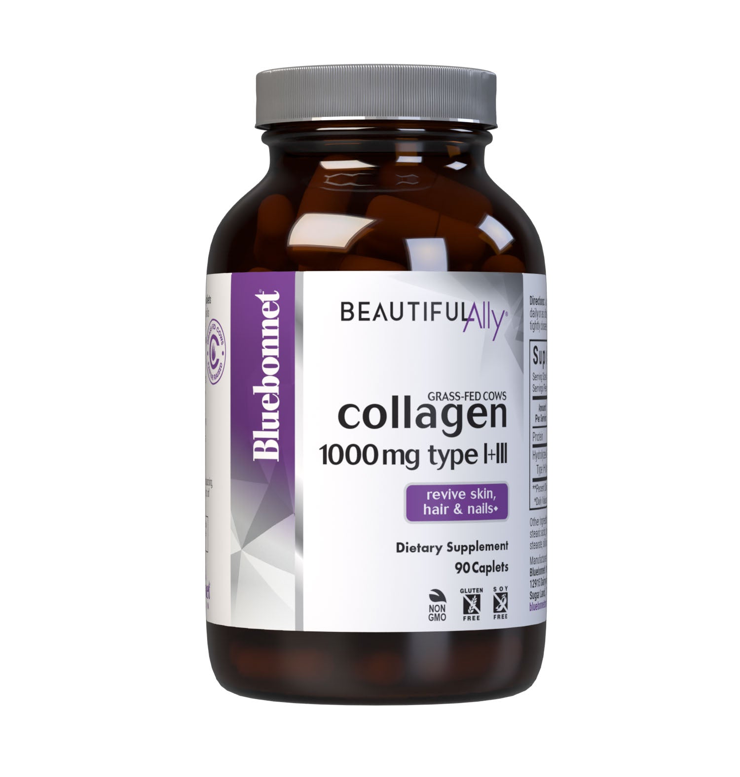 Bluebonnet’s Beautiful Ally Collagen 1000 mg 90 Caplets are specially formulated to help support skin, hair and nails with collagen peptides type I + III from grass-fed cows. Collagen peptides help to replenish nutrients lost over time by boosting collagen production which helps to strengthen hair and nails while supporting the skin’s hydration balance and natural elasticity to counteract visible signs of aging. #size_90 count