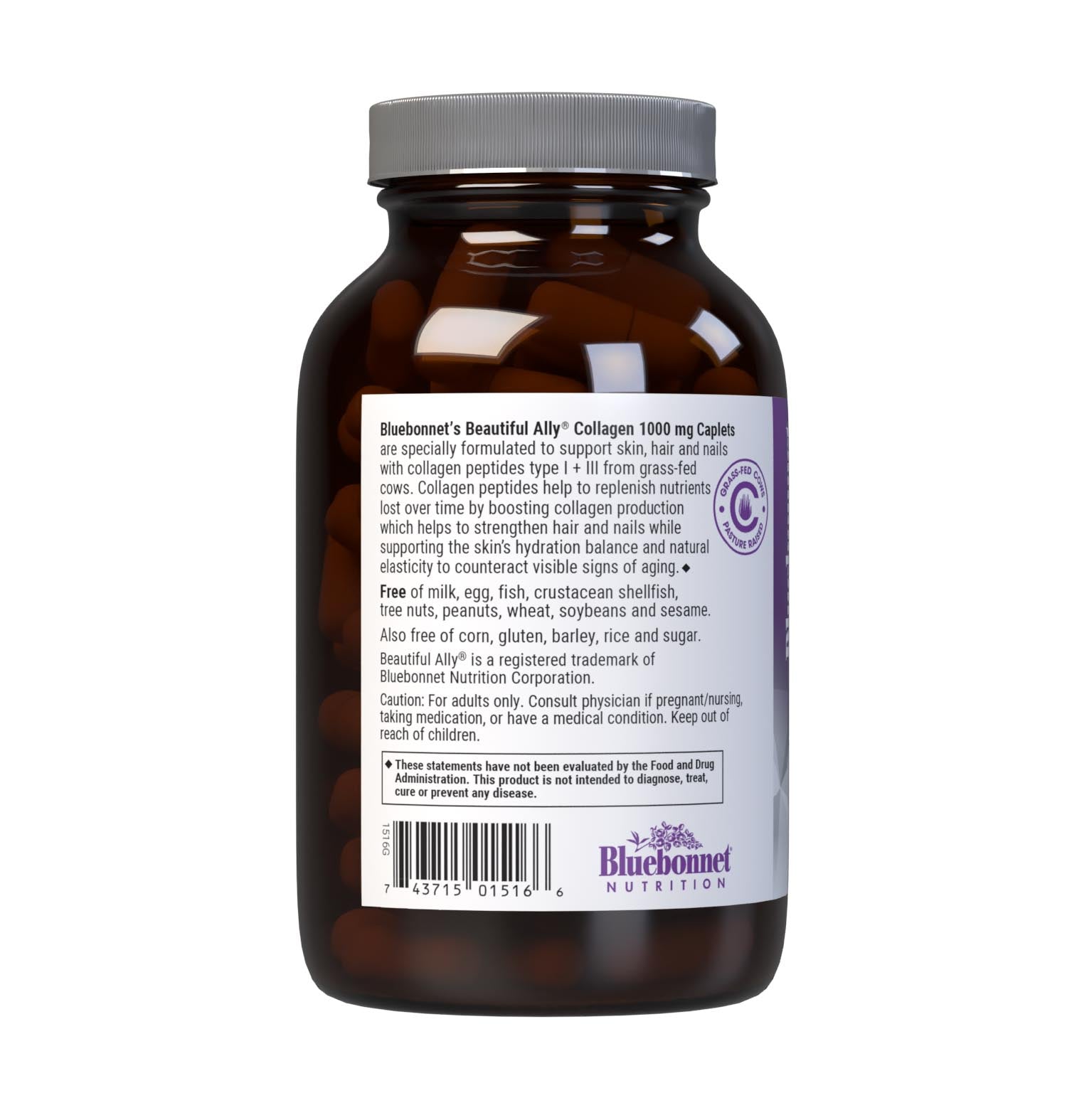 Bluebonnet’s Beautiful Ally Collagen 1000 mg 90 Caplets are specially formulated to help support skin, hair and nails with collagen peptides type I + III from grass-fed cows. Collagen peptides help to replenish nutrients lost over time by boosting collagen production which helps to strengthen hair and nails while supporting the skin’s hydration balance and natural elasticity to counteract visible signs of aging. Description panel. #size_90 count