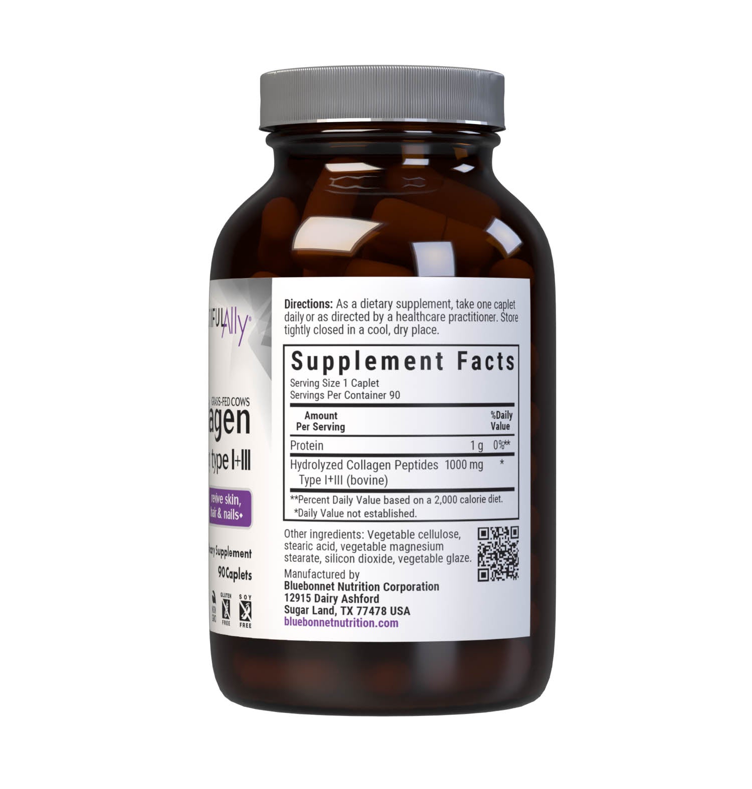 Bluebonnet’s Beautiful Ally Collagen 1000 mg 90 Caplets are specially formulated to help support skin, hair and nails with collagen peptides type I + III from grass-fed cows. Collagen peptides help to replenish nutrients lost over time by boosting collagen production which helps to strengthen hair and nails while supporting the skin’s hydration balance and natural elasticity to counteract visible signs of aging. Supplement facts panel. #size_90 count