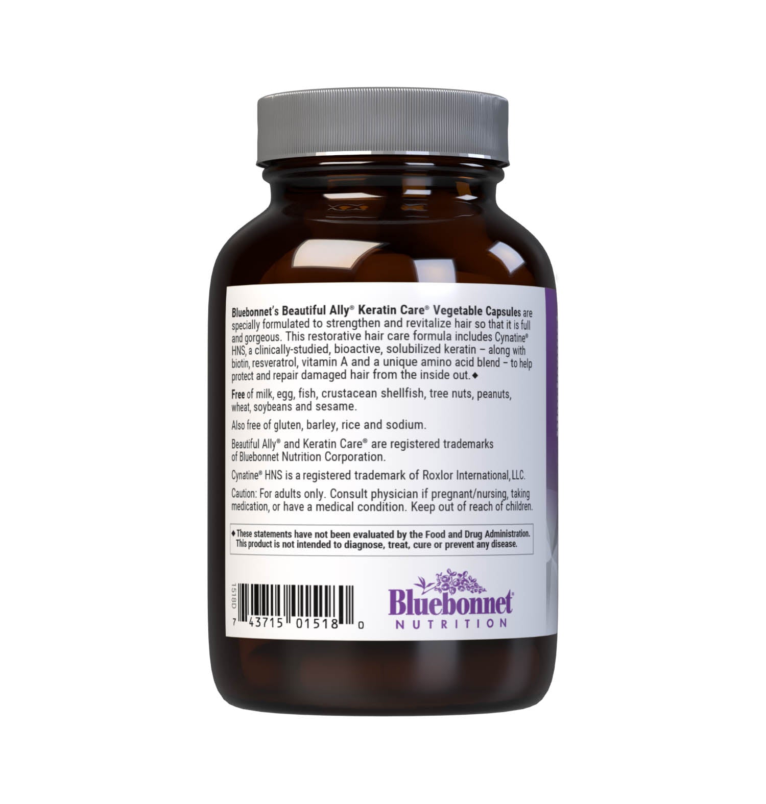 Bluebonnet’s Beautiful Ally Keratin Care 30 Vegetable Capsules are specially formulated with Cynatine HNS, a clinically-studied, bioactive, solubilized keratin – along with biotin, resveratrol, vitamin A and a unique amino acid blend – to help promote the appearance of strong, gorgeous hair. This restorative hair care formula helps protect and repair damaged hair from the inside out. Description panel. #size_30 count