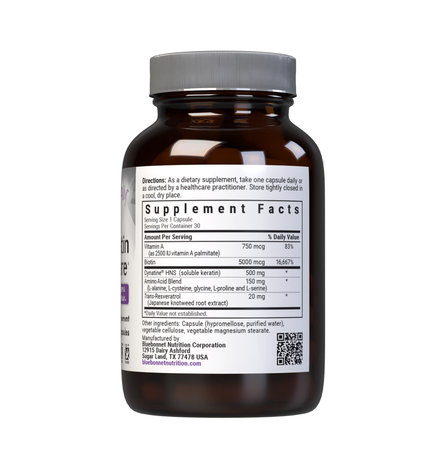 Bluebonnet’s Beautiful Ally Keratin Care 30 Vegetable Capsules are specially formulated with Cynatine HNS, a clinically-studied, bioactive, solubilized keratin – along with biotin, resveratrol, vitamin A and a unique amino acid blend – to help promote the appearance of strong, gorgeous hair. This restorative hair care formula helps protect and repair damaged hair from the inside out. Supplement facts panel. #size_30 count