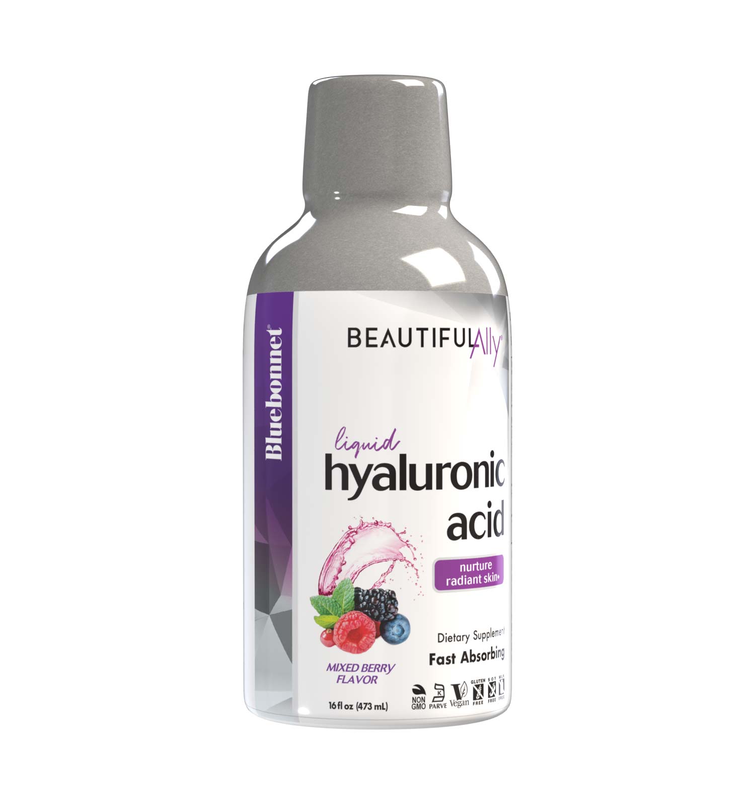 Bluebonnet’s Beautiful Ally Liquid Hyaluronic Acid is specially formulated to increase skin hydration and repair with vegan-sourced hyaluronic acid in a base of non-GMO sunflower oil. Hyaluronic acid is precent in every tissue of the body, serving as a cushion and lubricant within the skin to create a more supple, luminescent, youthful appearance. #size_16 fl oz