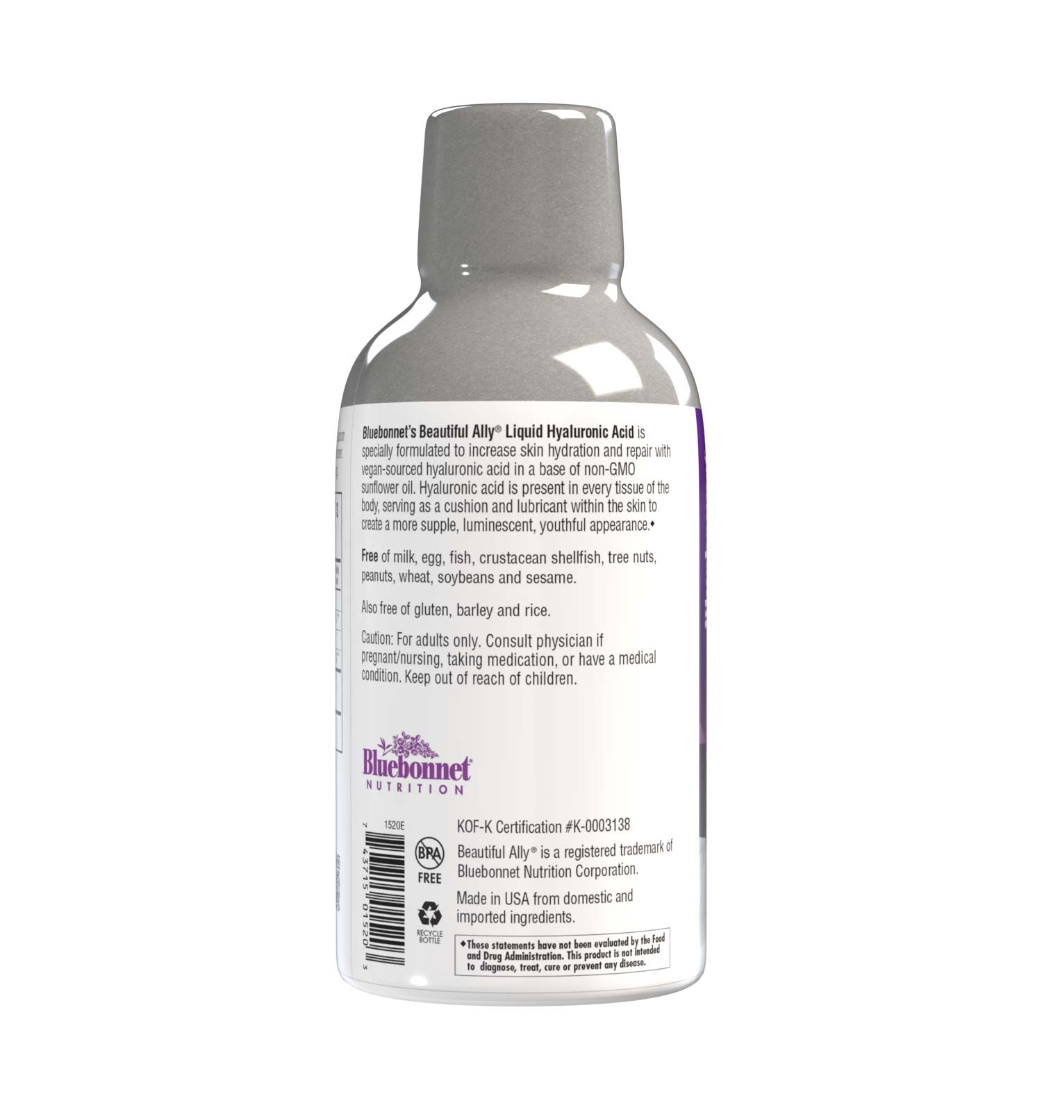 Bluebonnet’s Beautiful Ally Liquid Hyaluronic Acid is specially formulated to increase skin hydration and repair with vegan-sourced hyaluronic acid in a base of non-GMO sunflower oil. Hyaluronic acid is precent in every tissue of the body, serving as a cushion and lubricant within the skin to create a more supple, luminescent, youthful appearance. Description panel. #size_16 fl oz 