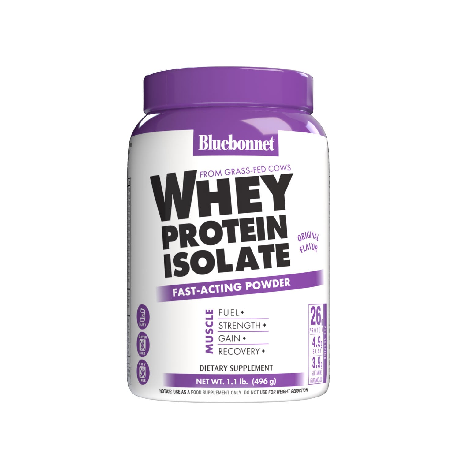 Bluebonnet's Whey Protein Isolate Powder. Original flavor. 26 g of protein, 4.9 g BCAA and 3.9 g Glutamine Glutamic Acid per serving. Front panel. #size_1.1 lb