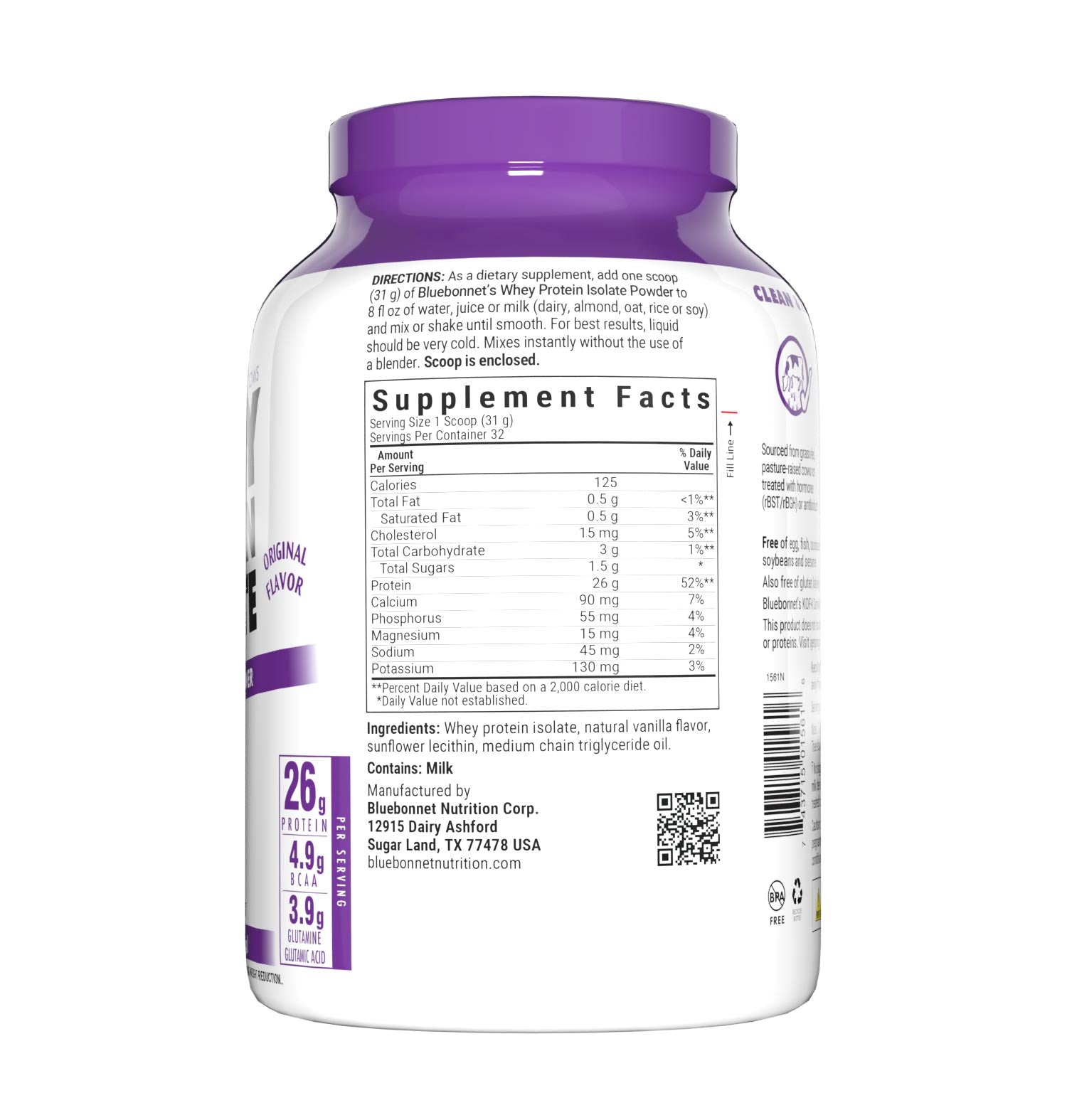 Bluebonnet's Whey Protein Isolate Powder. Original flavor. 26 g of protein, 4.9 g BCAA and 3.9 g Glutamine Glutamic Acid per serving. Supplement facts panel. #size_2.2 lb
