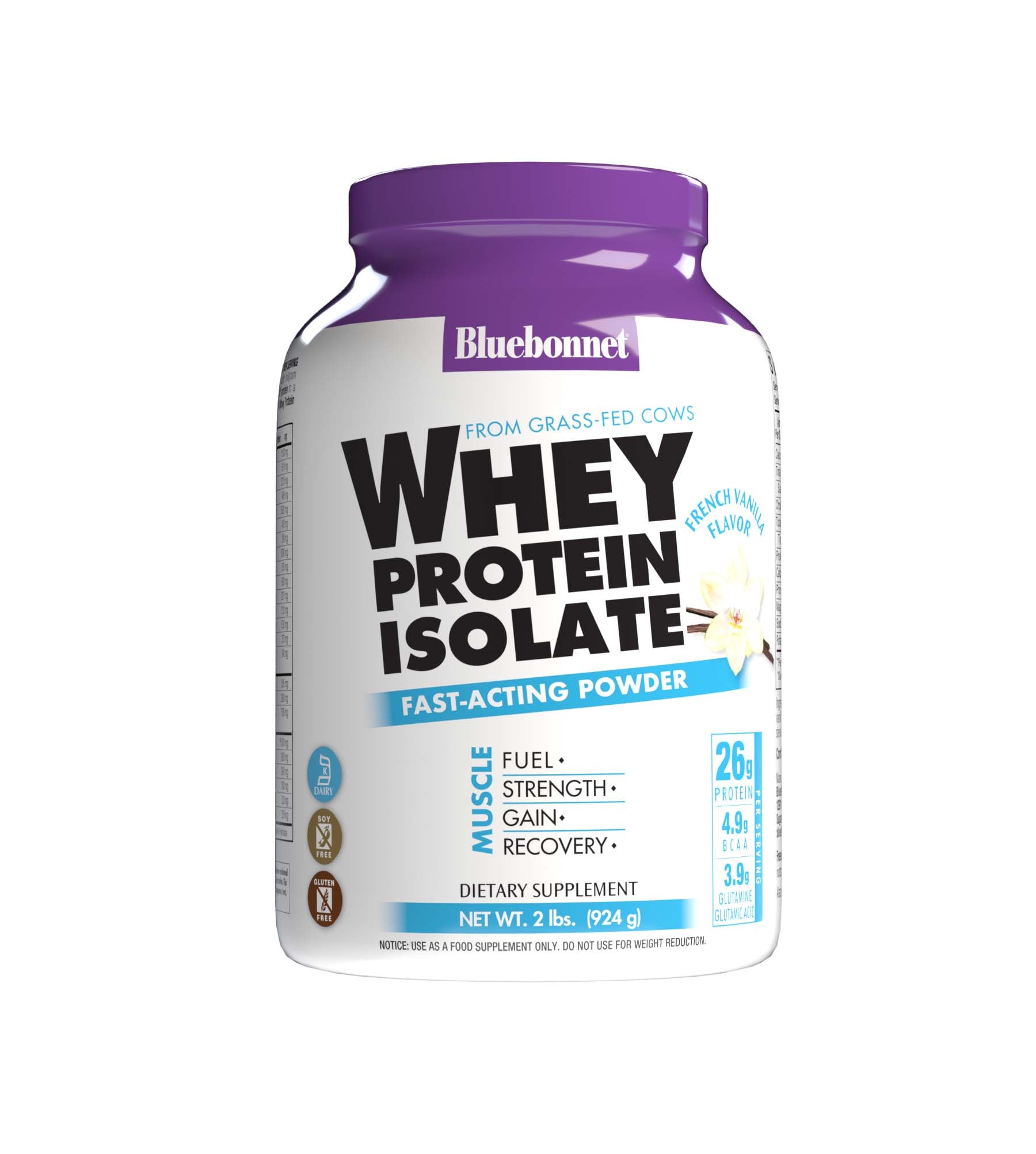 Bluebonnet's Whey Protein Isolate Powder. French vanilla flavor. 26 g of protein, 4.9 g BCAA and 3.9 g Glutamine Glutamic Acid per serving. #size_2 lb