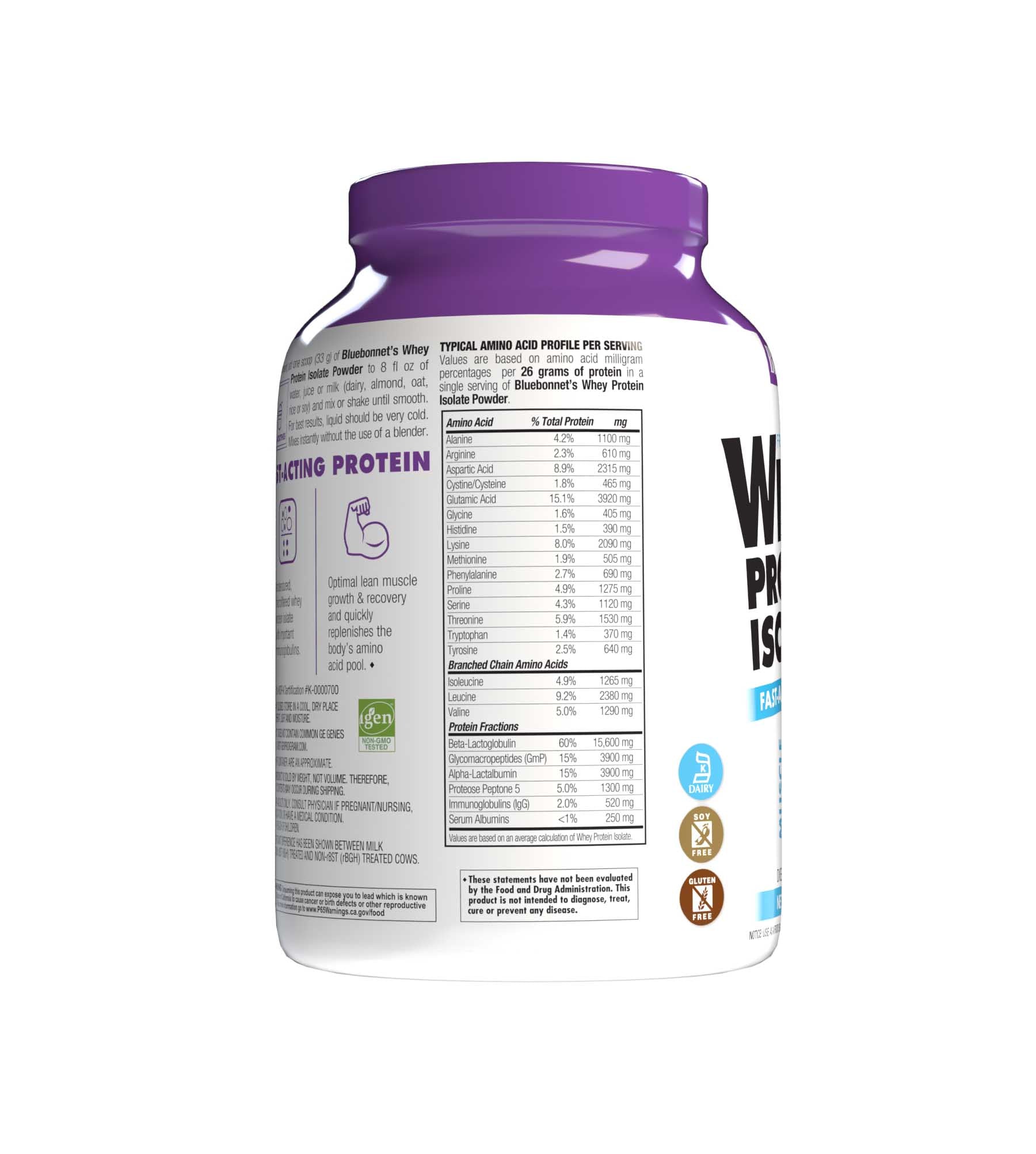 Bluebonnet's Whey Protein Isolate Powder. French vanilla flavor. 26 g of protein, 4.9 g BCAA and 3.9 g Glutamine Glutamic Acid per serving. Amino Acid Profile. #size_2 lb