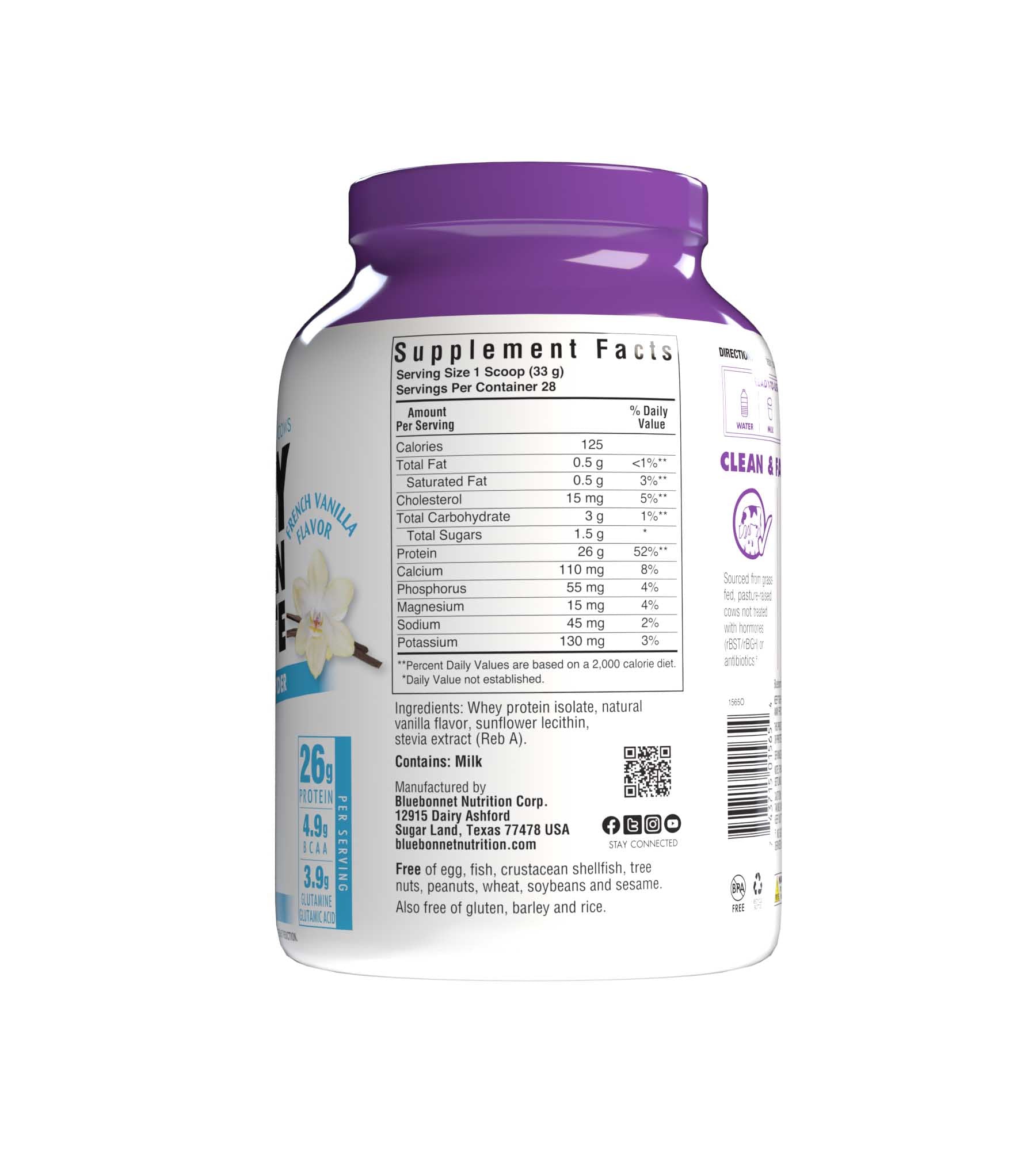 Bluebonnet's Whey Protein Isolate Powder. French vanilla flavor. 26 g of protein, 4.9 g BCAA and 3.9 g Glutamine Glutamic Acid per serving. Supplement facts panel. #size_2 lb