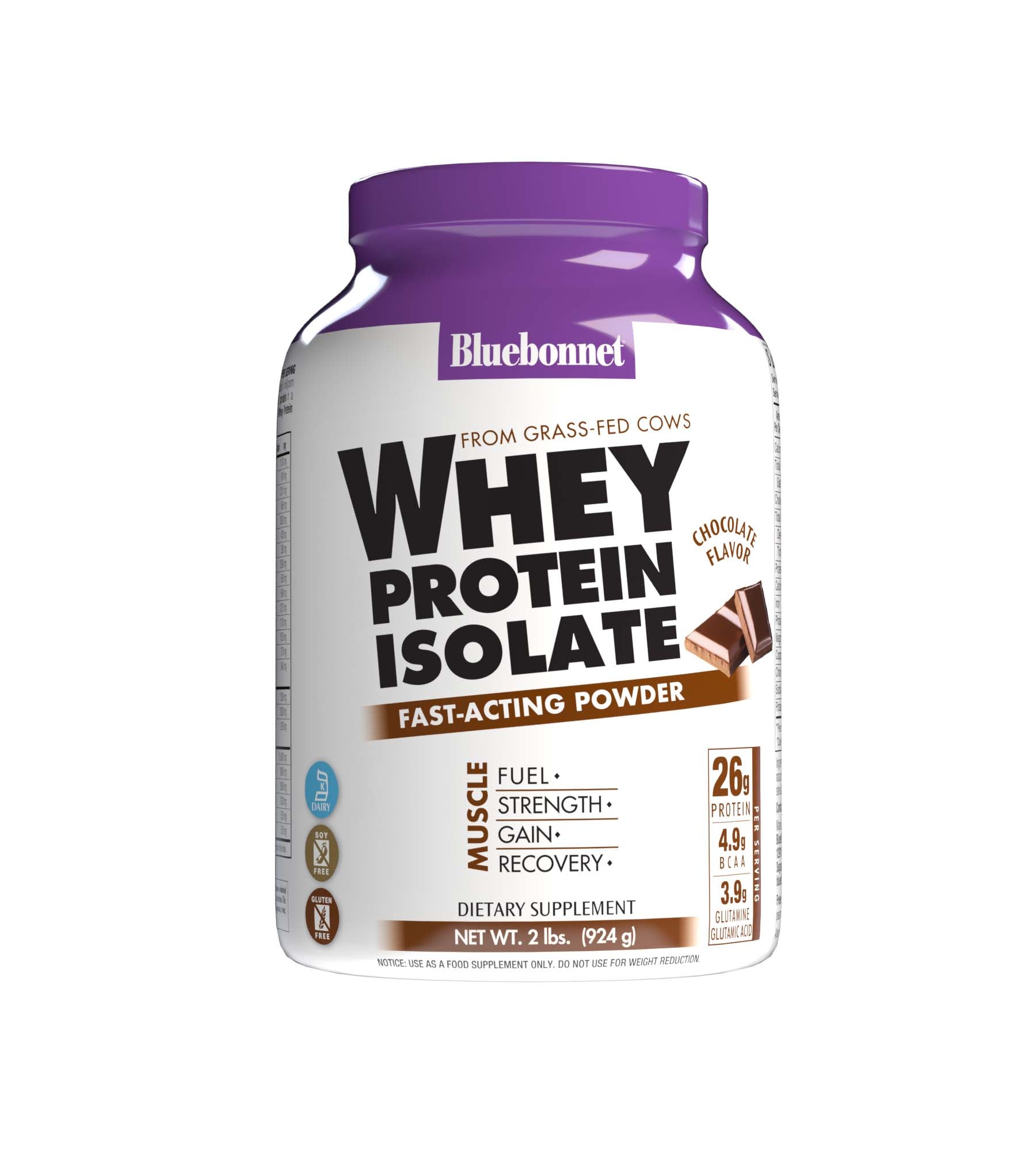 Bluebonnet's Whey Protein Isolate Powder. Chocolate flavor. 26 g of protein, 4.9 g BCAA and 3.9 g Glutamine Glutamic Acid per serving. #size_2 lb