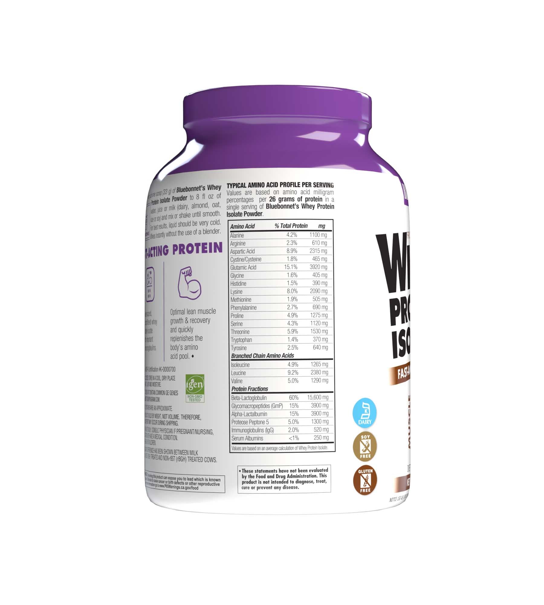 Bluebonnet's Whey Protein Isolate Powder. Chocolate flavor. 26 g of protein, 4.9 g BCAA and 3.9 g Glutamine Glutamic Acid per serving. Amino Acid Profile. #size_2 lb