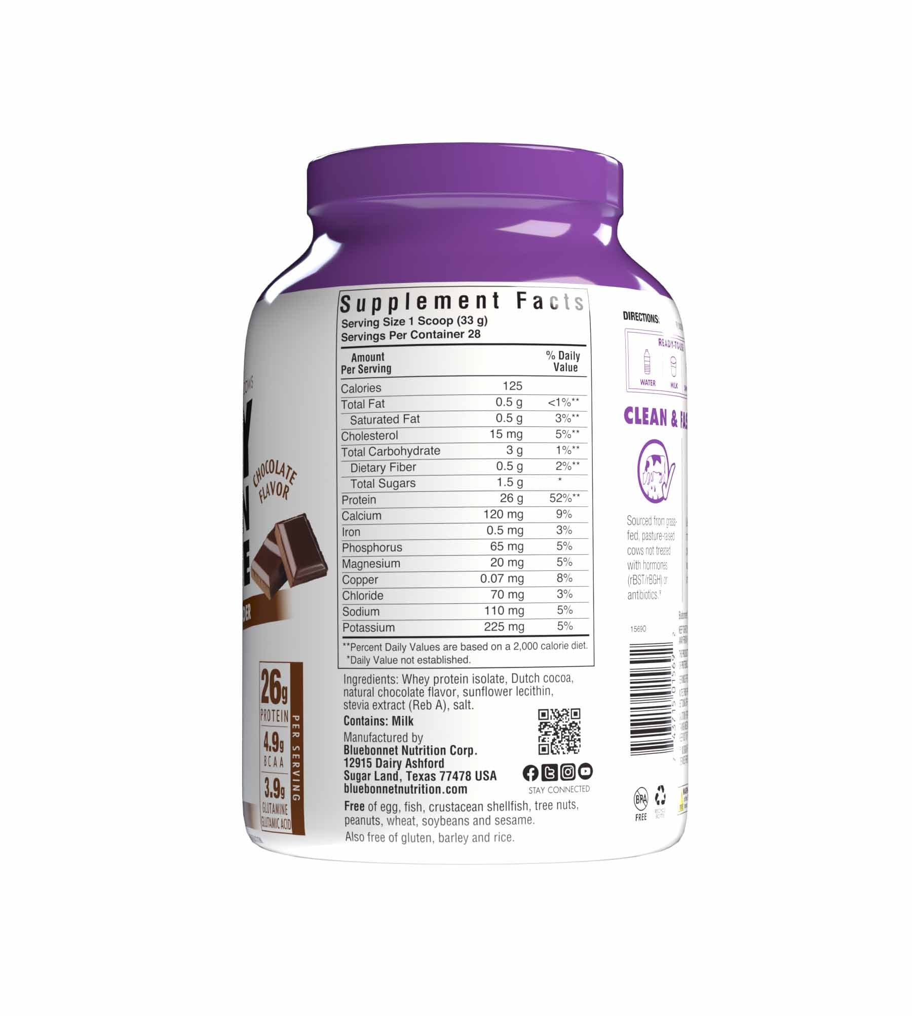 Bluebonnet's Whey Protein Isolate Powder. Chocolate flavor. 26 g of protein, 4.9 g BCAA and 3.9 g Glutamine Glutamic Acid per serving. Supplement facts panel. #size_2 lb