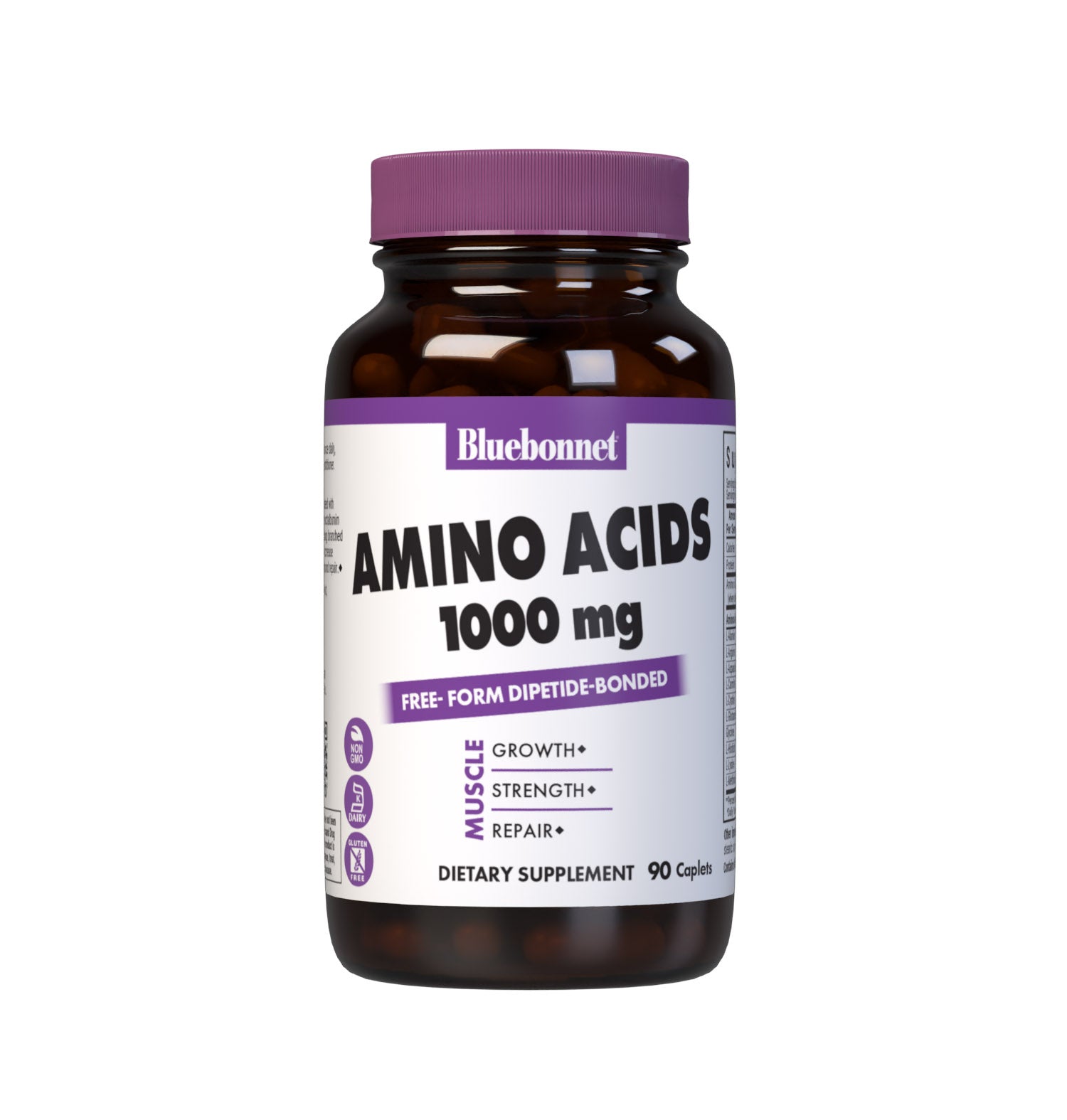 Bluebonnet’s Amino Acids 1000 mg 90 Caplets are formulated with free-form and dipeptide-bonded, amino acids from whey lactalbumin and egg white albumin proteins that are rich in muscle-building branched chain amino acids (BCAAs). These amino acids help to increase nitrogen retention for enhanced muscle growth, strength and repair. #size_90 count