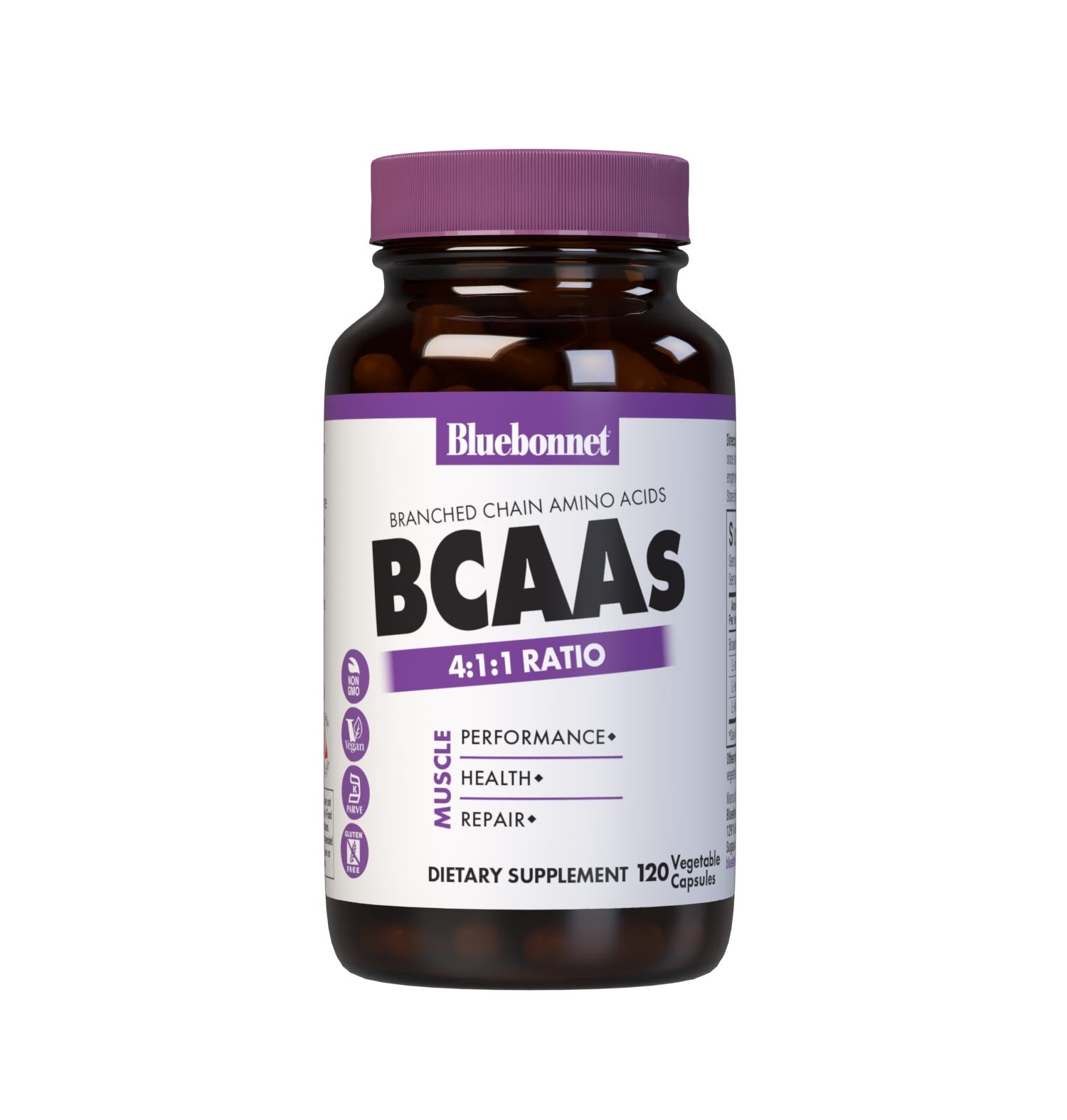 Bluebonnet’s BCAAs 120 Vegetable Capsules are formulated with free-form, anabolic amino acids (L-leucine, L-isoleucine and L-valine) from Ajinomoto, the world-class quality leader in the production and purity of amino acids. These vegetarian-sourced BCAAs are provided in the scientifically supported 4:1:1 ratio for peak muscle performance, health and repair. #size_120 count