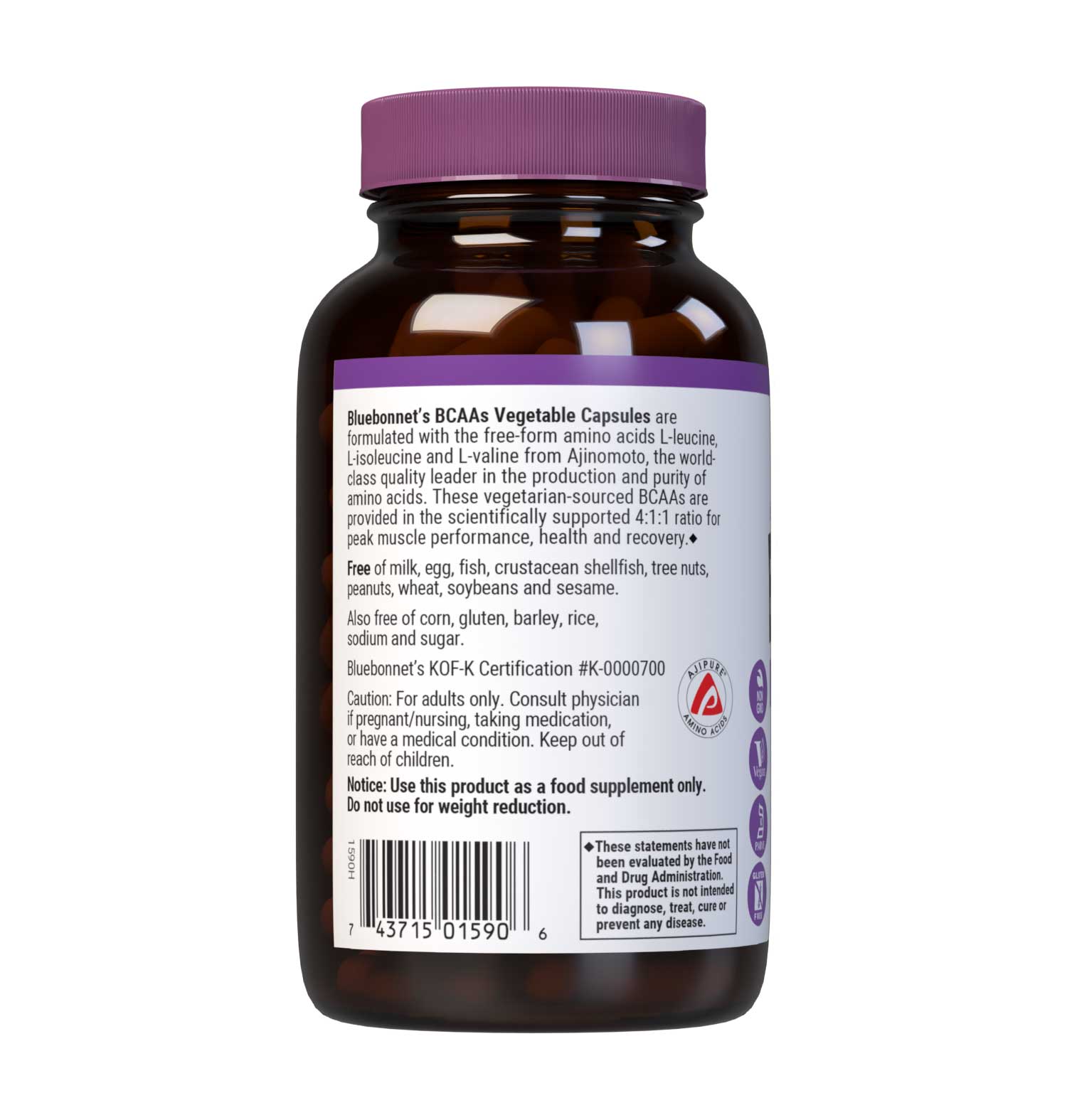 Bluebonnet’s BCAAs 120 Vegetable Capsules are formulated with free-form, anabolic amino acids (L-leucine, L-isoleucine and L-valine) from Ajinomoto, the world-class quality leader in the production and purity of amino acids. These vegetarian-sourced BCAAs are provided in the scientifically supported 4:1:1 ratio for peak muscle performance, health and repair. Description panel. #size_120 count