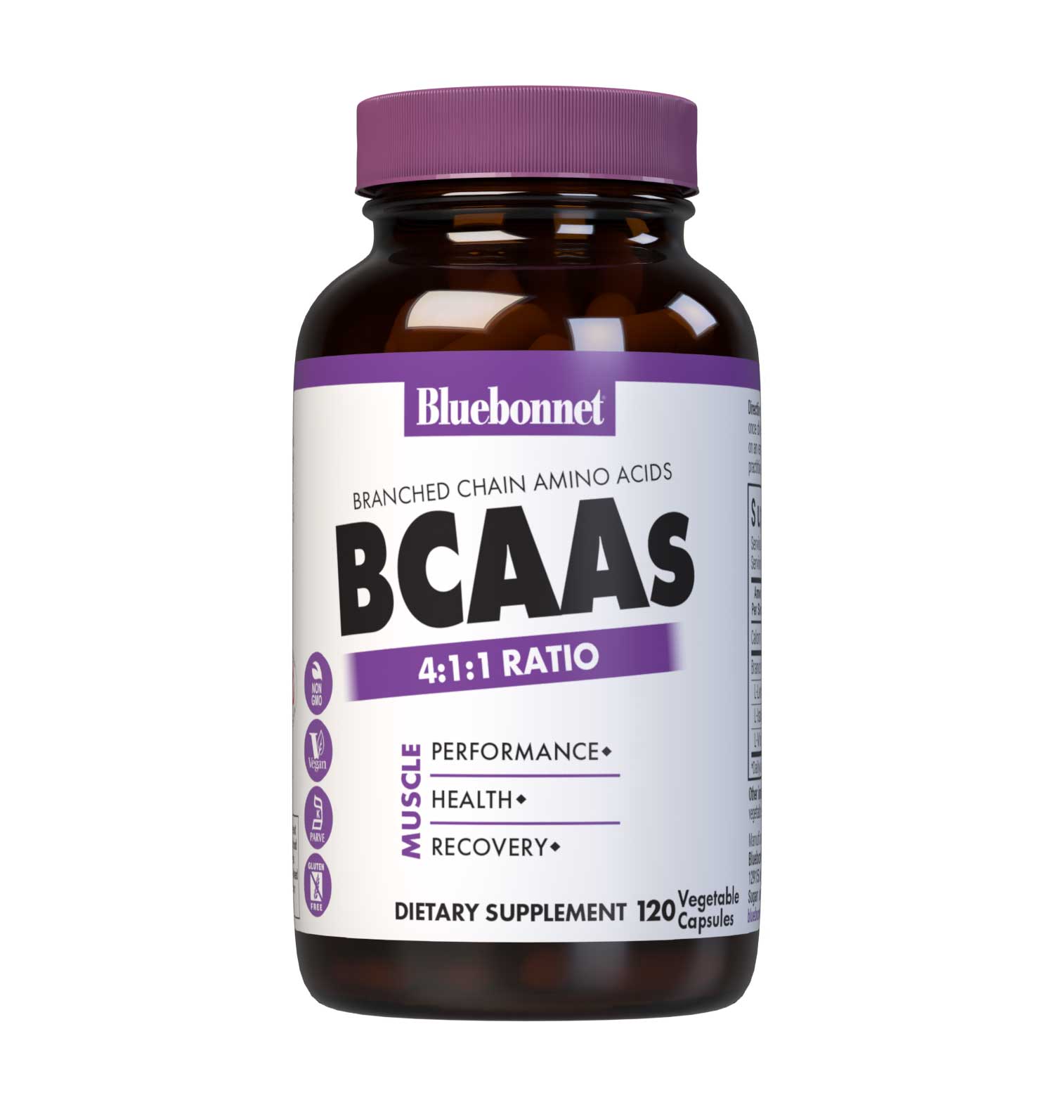 Bluebonnet’s BCAAs 120 Vegetable Capsules are formulated with free-form, anabolic amino acids (L-leucine, L-isoleucine and L-valine) from Ajinomoto, the world-class quality leader in the production and purity of amino acids. These vegetarian-sourced BCAAs are provided in the scientifically supported 4:1:1 ratio for peak muscle performance, health and repair. #size_120 count