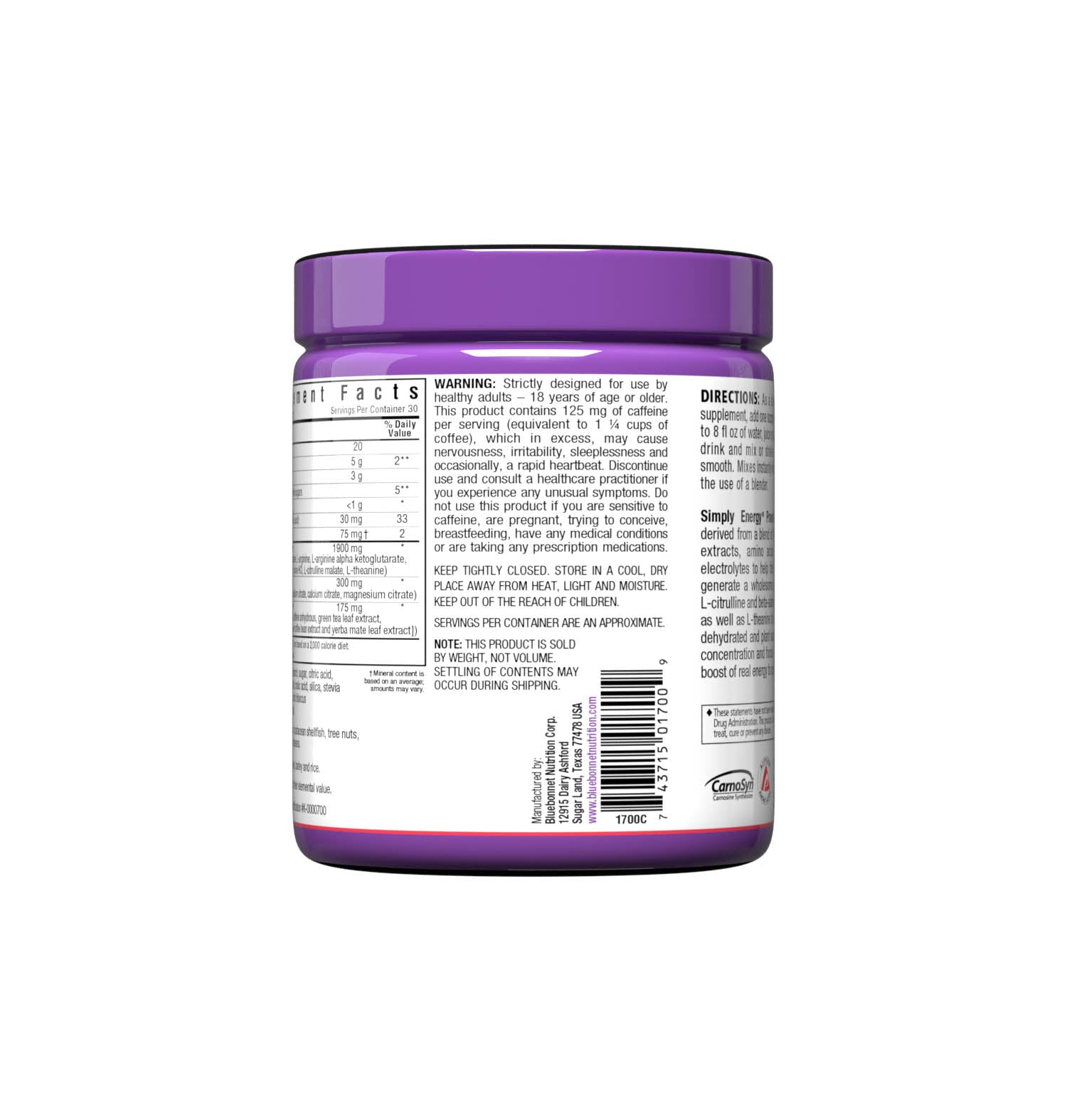 Simply Energy Powder is derived from a blend of herbal extracts, amino acids and electrolytes to help the body generate a wholesome surge of energy. The amino acids, L-arginine, L-citrulline and beta-alanine, have been incorporated to enhance blood flow, as well as theanine to help the mind reach optimal mental clarity. Supplement facts panel 2. #size_10.58 oz