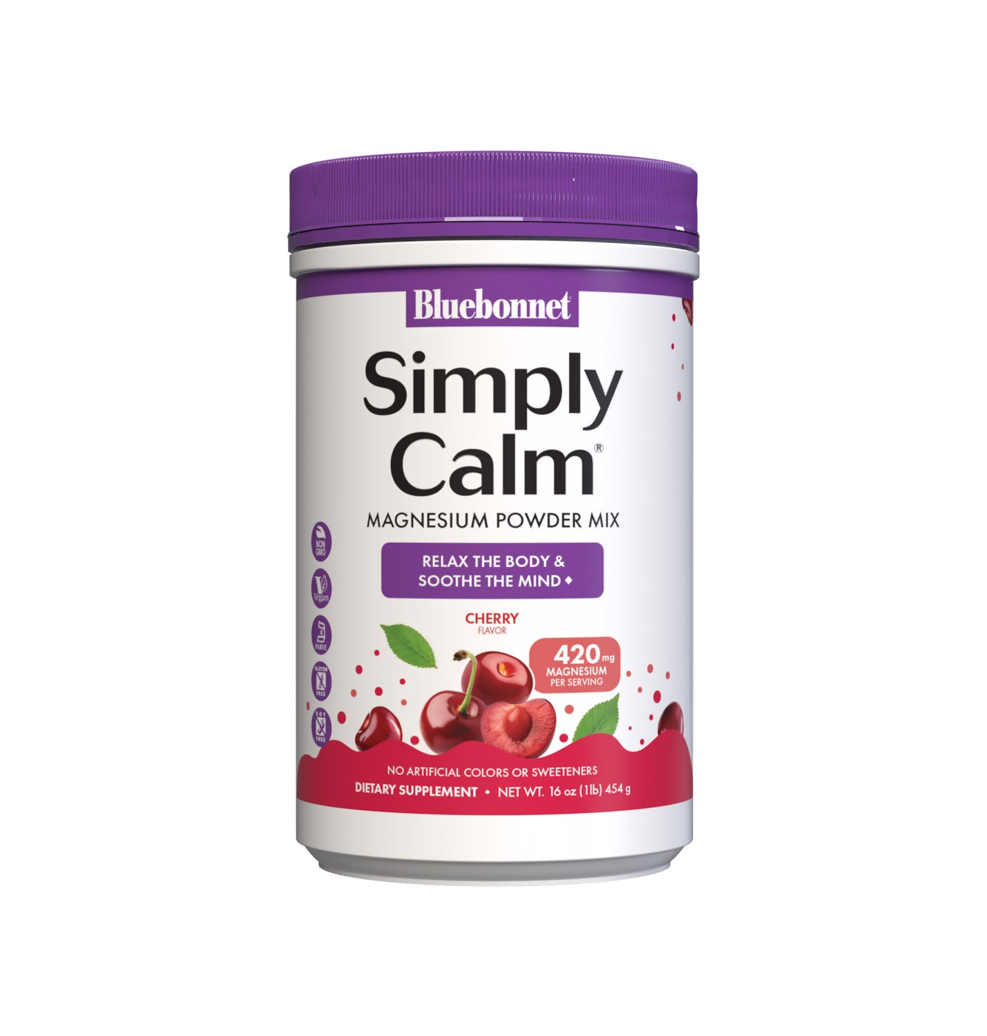 Bluebonnet's Simply Calm Cherry flavor Powder is a special, water-soluble blend of magnesium carbonate/ citrate for occasional sleeplessness, stress, as well as bone and immune support. Magnesium is an essential mineral required in over 300 biochemical reactions in the body and known for its ability to help the mind and body ease into a state of calm... simply. #size_16 oz