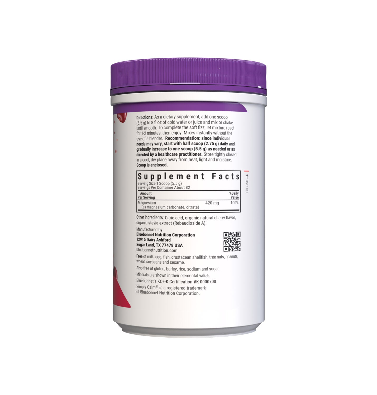 Bluebonnet's Simply Calm Cherry flavor Powder is a special, water-soluble blend of magnesium carbonate/ citrate for occasional sleeplessness, stress, as well as bone and immune support. Magnesium is an essential mineral required in over 300 biochemical reactions in the body and known for its ability to help the mind and body ease into a state of calm... simply. Supplement facts panel. #size_16 oz