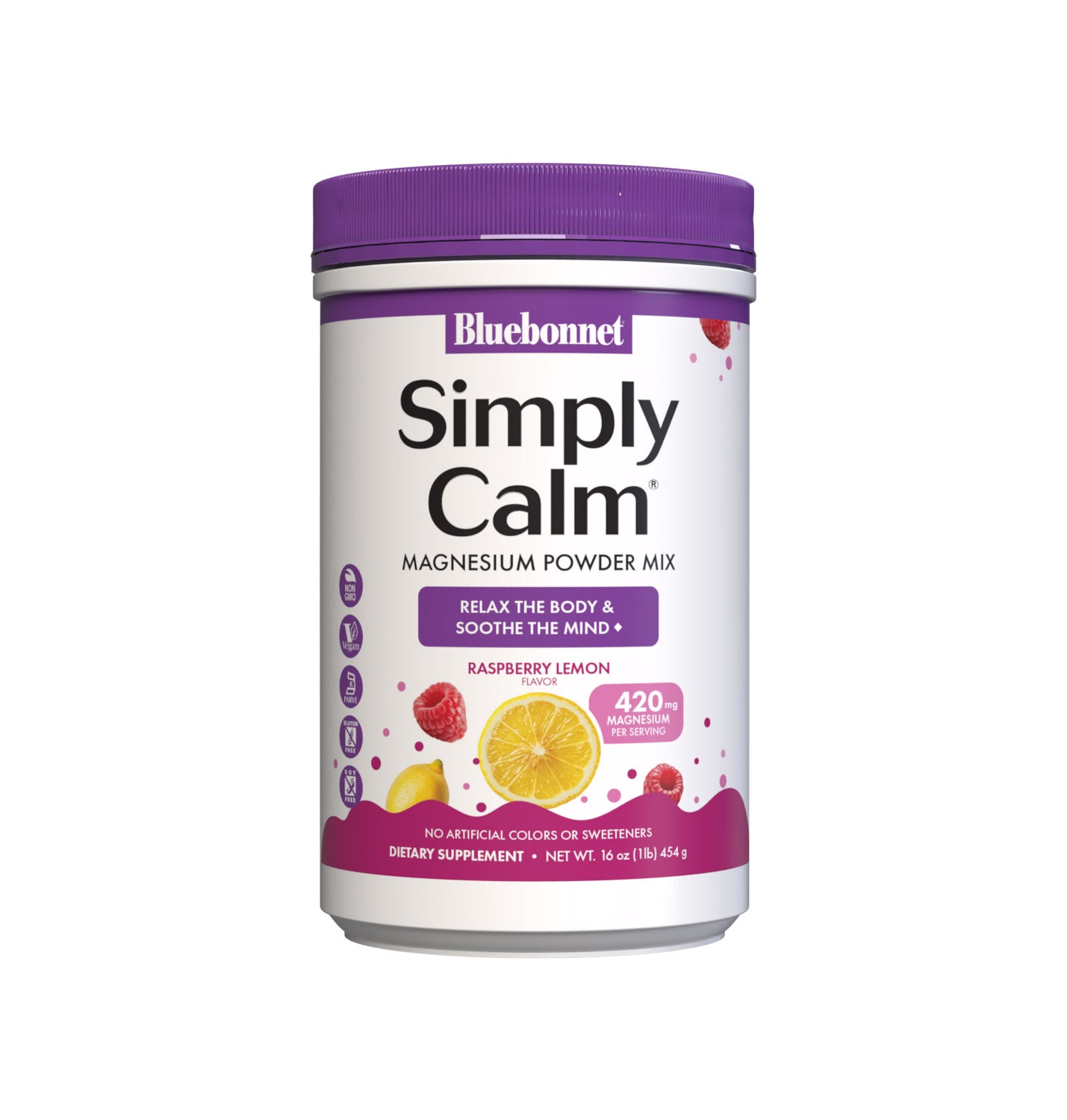 Bluebonnet's Simply Calm Raspberry Lemon flavor Powder is a special, water-soluble blend of magnesium carbonate/citrate for occasional sleeplessness, stress, as well as bone and immune support. Magnesium is an essential mineral required in over 300 biochemical reactions in the body and known for its ability to help the mind and body ease into a state of calm... simply. #size_16 oz