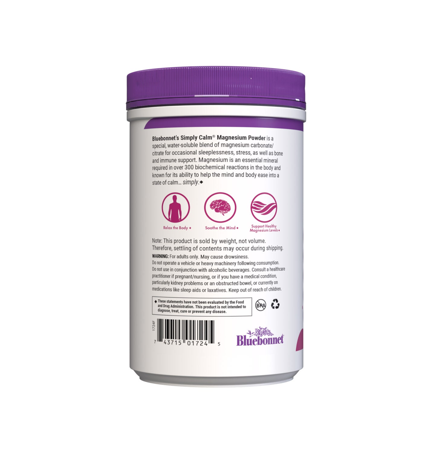 Bluebonnet's Simply Calm Raspberry Lemon flavor Powder is a special, water-soluble blend of magnesium carbonate/citrate for occasional sleeplessness, stress, as well as bone and immune support. Magnesium is an essential mineral required in over 300 biochemical reactions in the body and known for its ability to help the mind and body ease into a state of calm... simply. Description panel. #size_16 oz