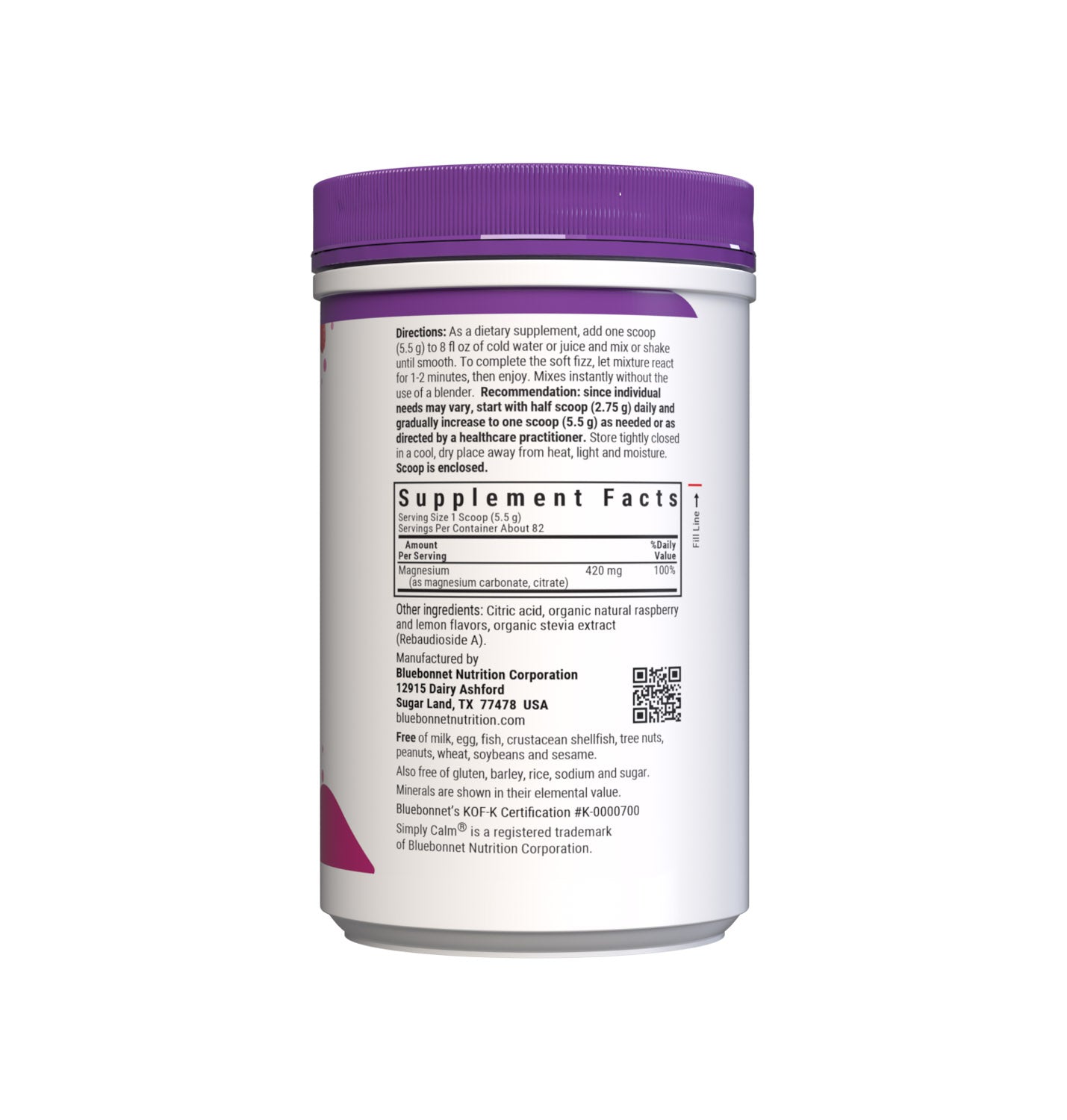 Bluebonnet's Simply Calm Raspberry Lemon flavor Powder is a special, water-soluble blend of magnesium carbonate/citrate for occasional sleeplessness, stress, as well as bone and immune support. Magnesium is an essential mineral required in over 300 biochemical reactions in the body and known for its ability to help the mind and body ease into a state of calm... simply. Supplement facts panel. #size_16 oz