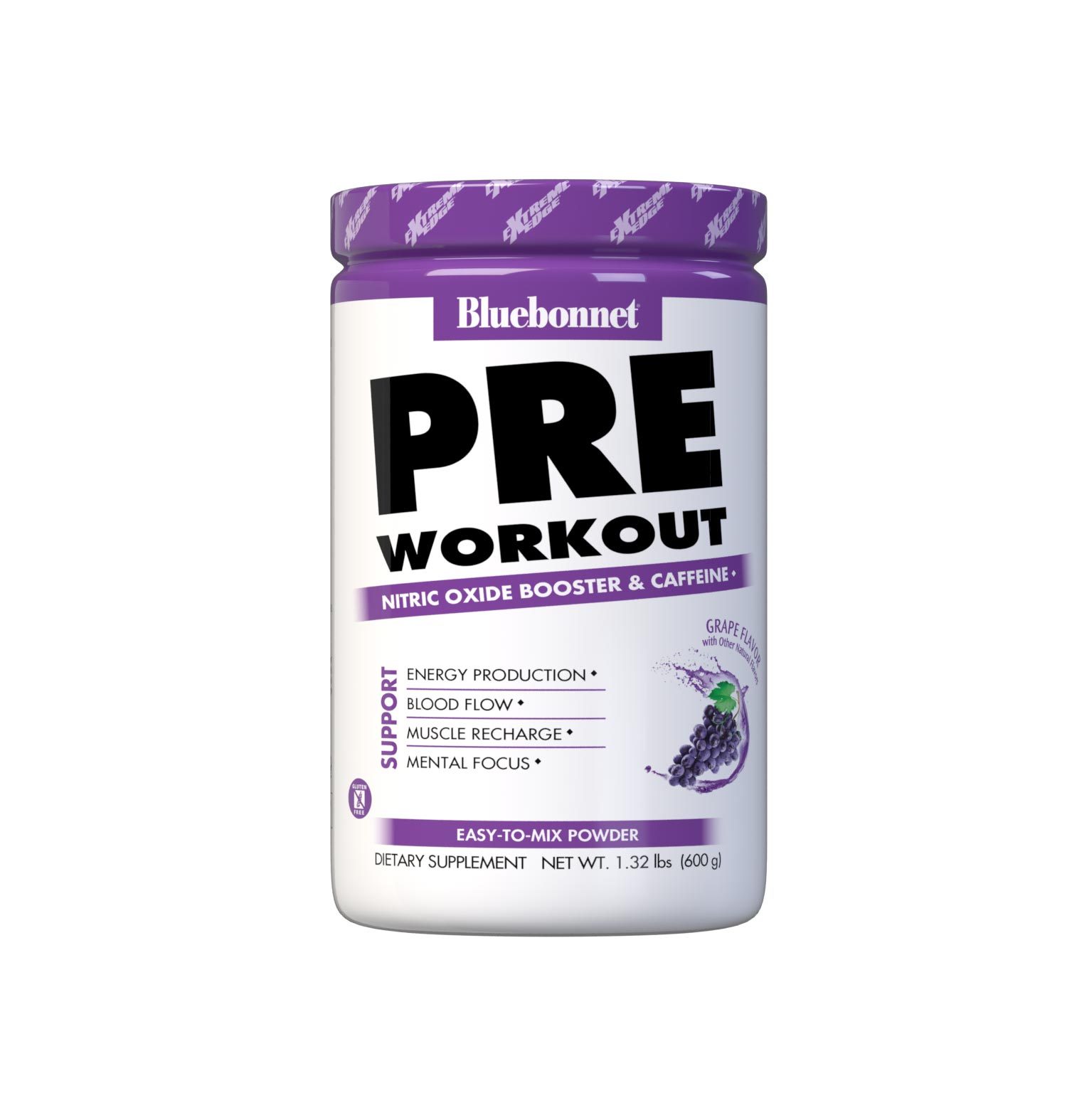 Bluebonnet's Grape Flavored Pre Workout powder is designed to be one of the most comprehensive, muscle recharging formulas ever created. This triple-turbo, super-charged formula generates high energy, sharpens mental concentration, and increases nitric oxide (NO) levels for greater blood flow and intense muscle pumps. #size_1.32 lb