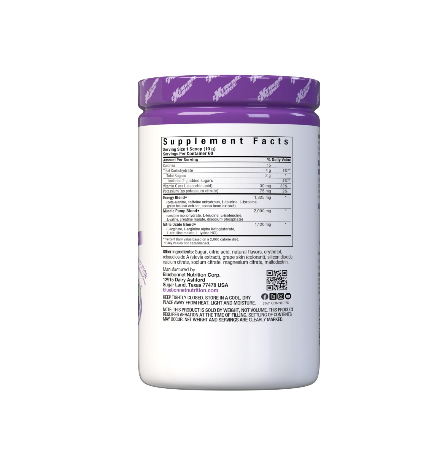 Bluebonnet's Grape Flavored Pre Workout powder is designed to be one of the most comprehensive, muscle recharging formulas ever created. This triple-turbo, super-charged formula generates high energy, sharpens mental concentration, and increases nitric oxide (NO) levels for greater blood flow and intense muscle pumps. Supplement facts panel. #size_1.32 lb
