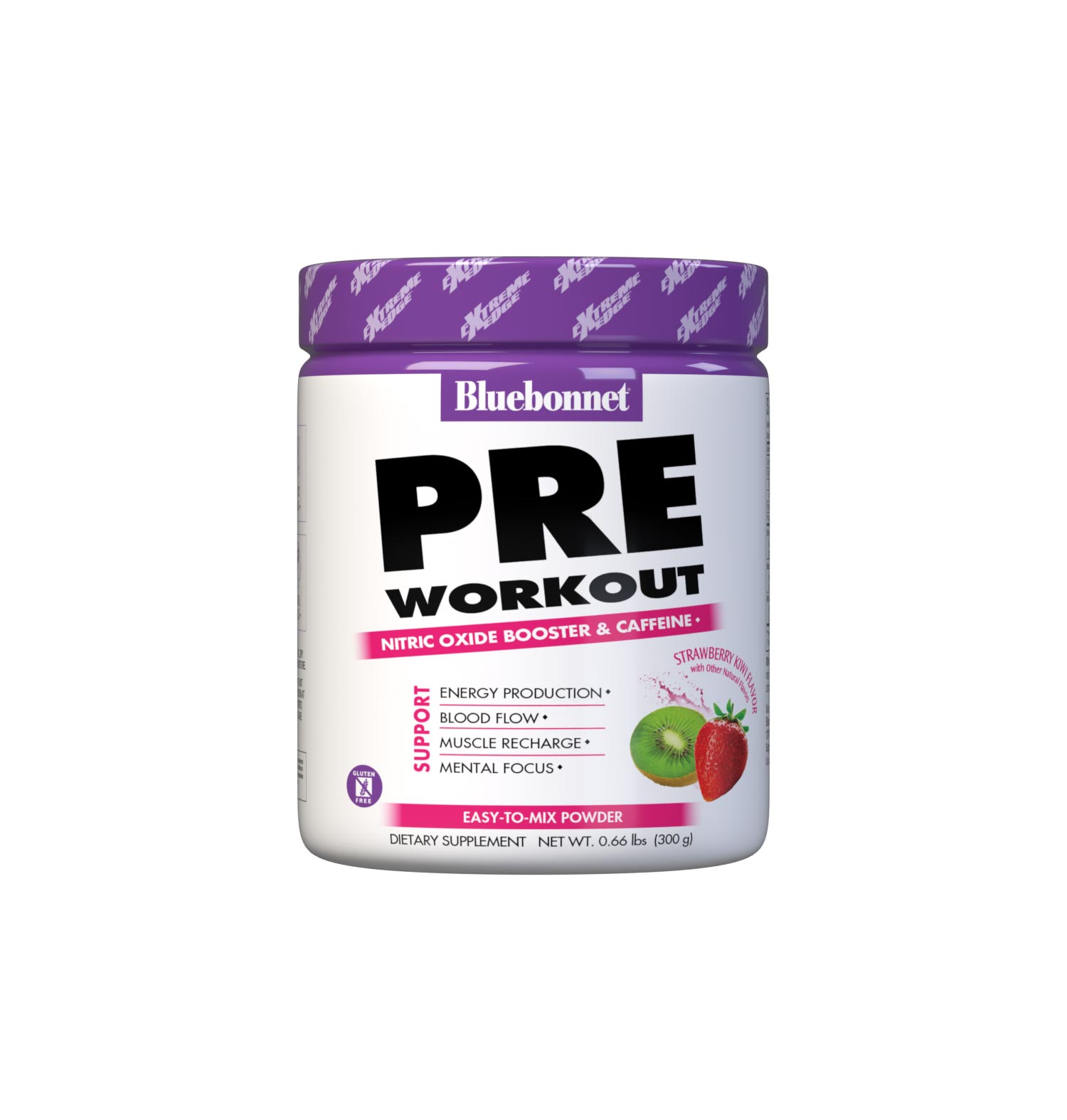  Bluebonnet's Strawberry Kiwi Flavored Pre Workout powder is designed to be one of the most comprehensive, muscle recharging formulas ever created. This triple-turbo, super-charged formula generates high energy, sharpens mental concentration, and increases nitric oxide (NO) levels for greater blood flow and intense muscle pumps. #size_0.66 lb