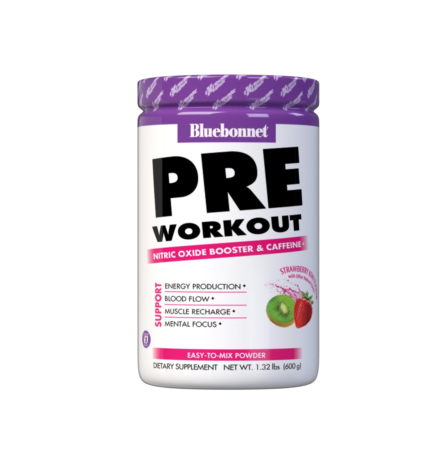 Bluebonnet's Strawberry Kiwi Flavored Pre Workout powder is designed to be one of the most comprehensive, muscle recharging formulas ever created. This triple-turbo, super-charged formula generates high energy, sharpens mental concentration, and increases nitric oxide (NO) levels for greater blood flow and intense muscle pumps. #size_1.32 lb