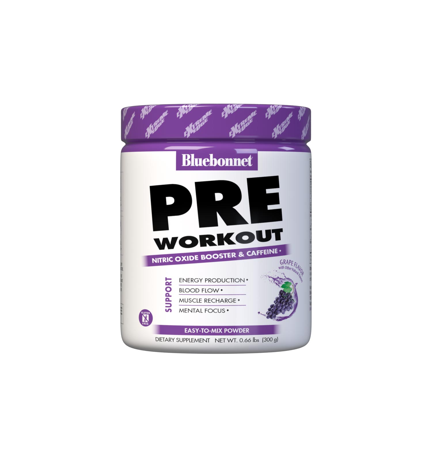 Bluebonnet's Grape Flavored Pre Workout powder is designed to be one of the most comprehensive, muscle recharging formulas ever created. This triple-turbo, super-charged formula generates high energy, sharpens mental concentration, and increases nitric oxide (NO) levels for greater blood flow and intense muscle pumps. #size_0.66 lb