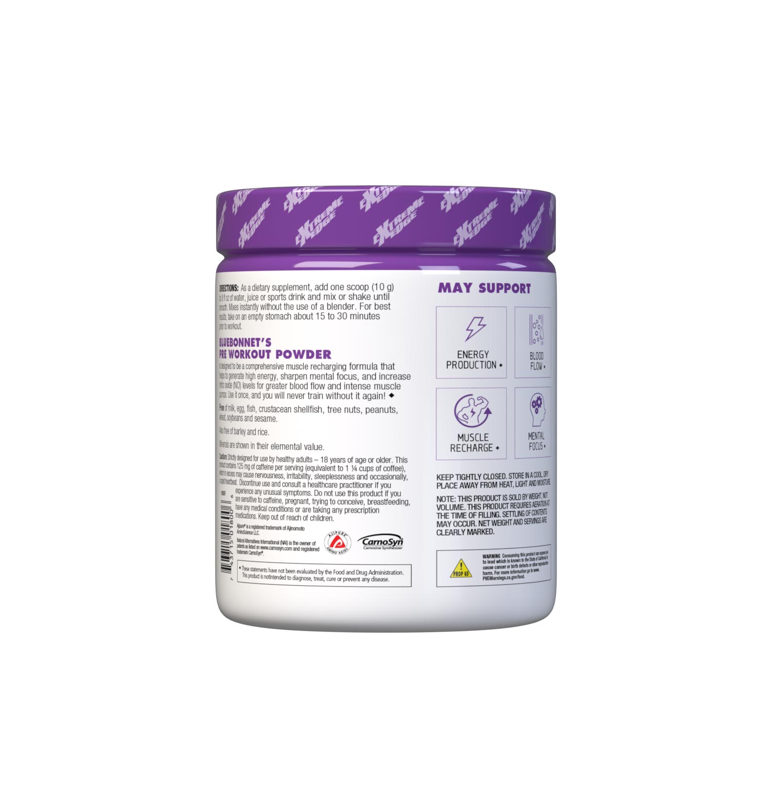 Bluebonnet's Grape Flavored Pre Workout powder is designed to be one of the most comprehensive, muscle recharging formulas ever created. This triple-turbo, super-charged formula generates high energy, sharpens mental concentration, and increases nitric oxide (NO) levels for greater blood flow and intense muscle pumps. Description panel. #size_0.66 lb