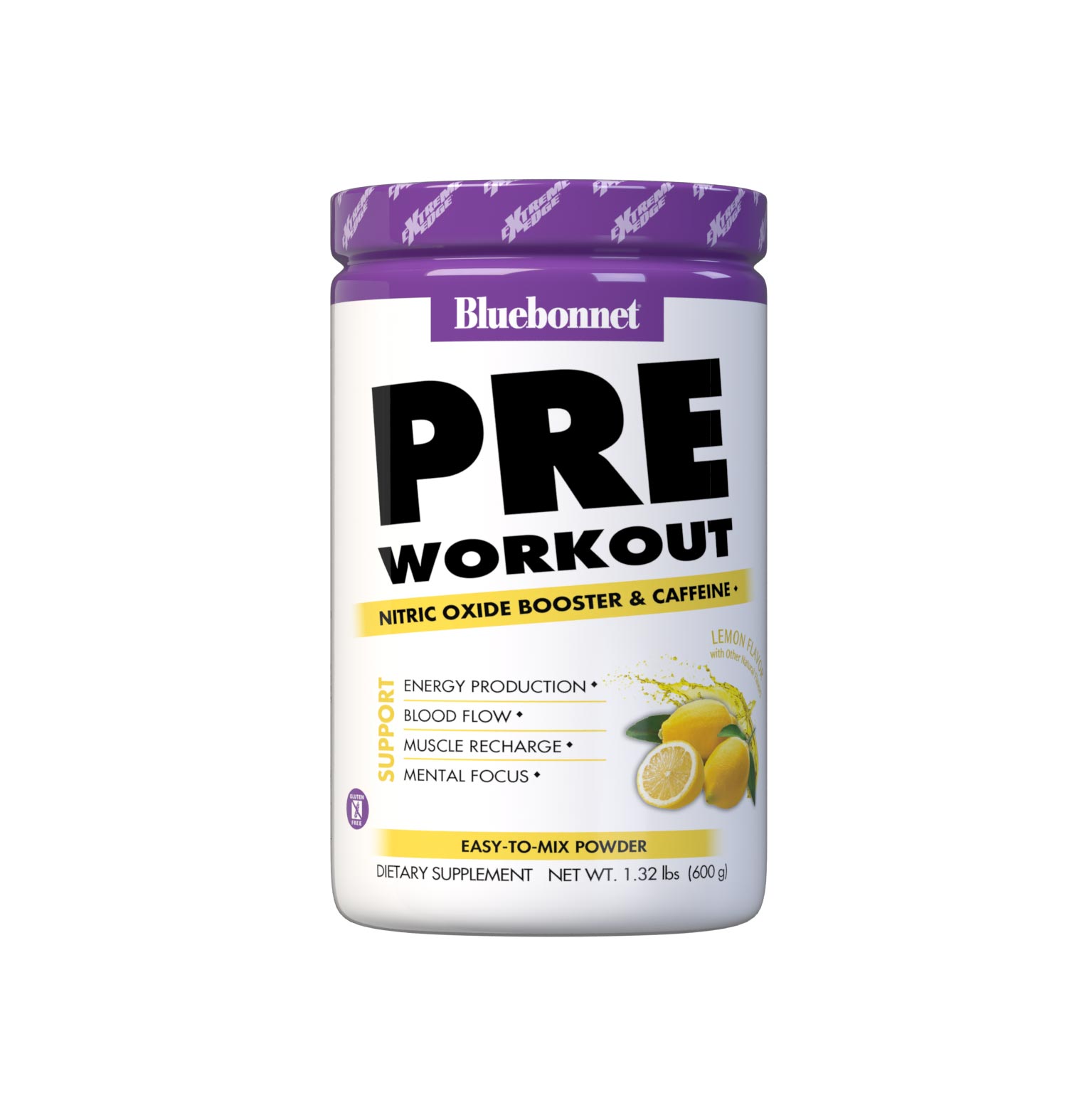 Bluebonnet's Lemon Flavored Pre Workout powder is designed to be one of the most comprehensive, muscle recharging formulas ever created. This triple-turbo, super-charged formula generates high energy, sharpens mental concentration, and increases nitric oxide (NO) levels for greater blood flow and intense muscle pumps. #size_1.32 lb
