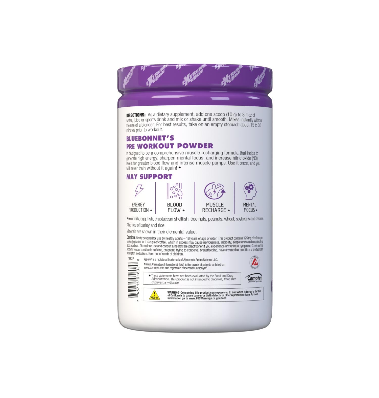 Bluebonnet's Lemon Flavored Pre Workout powder is designed to be one of the most comprehensive, muscle recharging formulas ever created. This triple-turbo, super-charged formula generates high energy, sharpens mental concentration, and increases nitric oxide (NO) levels for greater blood flow and intense muscle pumps. Description panel. #size_1.32 lb