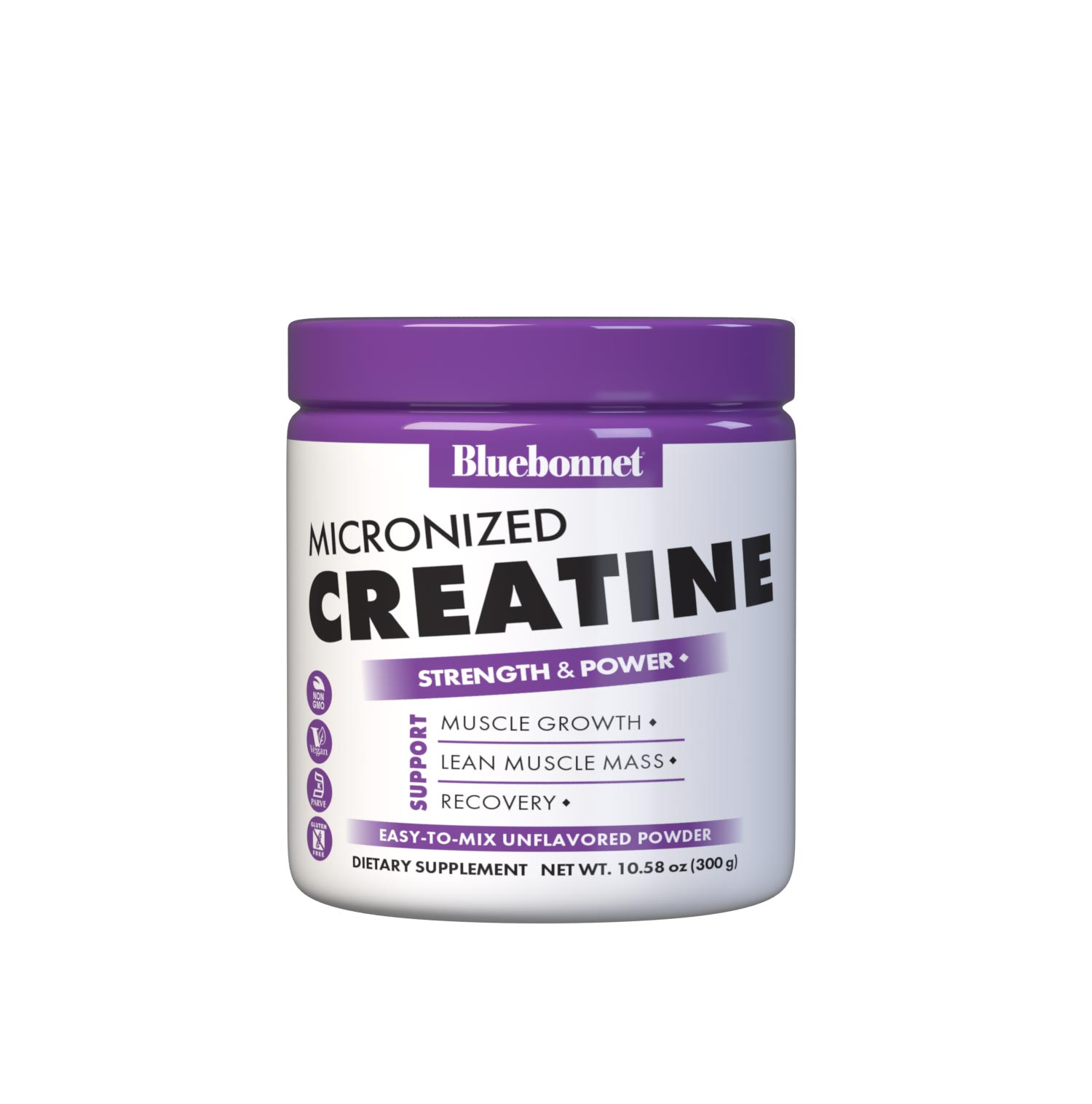 Bluebonnet's micronized creatine powder for muscle growth, lean muscle mass and fast recovery. Easy-to-mix unflavored powder. #size_10.58 oz
