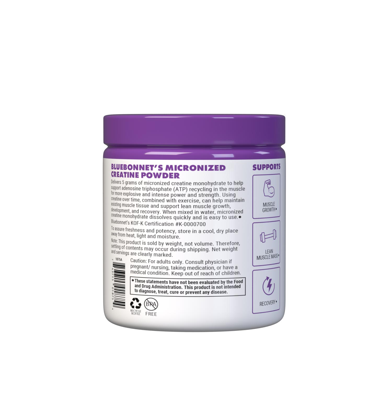 Bluebonnet's micronized creatine powder for muscle growth, lean muscle mass and fast recovery. Easy-to-mix unflavored powder. Description panel. #size_10.58 oz