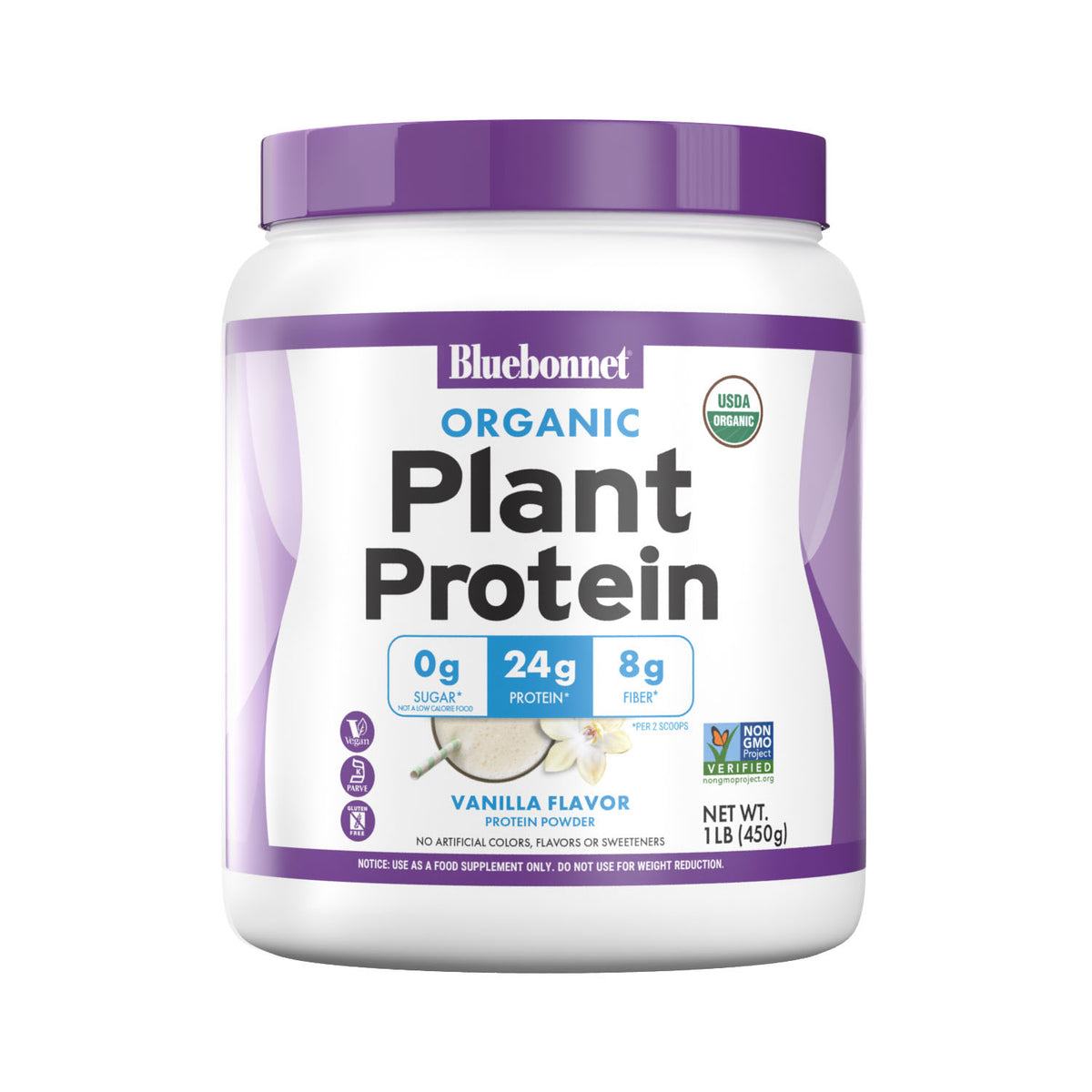 Bluebonnet’s Organic Plant Protein Chocolate flavored Powder provides significant quantities of sustainably harvested plant proteins: Organic sprouted whole grain brown rice protein concentrate, Organic yellow pea protein isolate, Organic chia sprout protein, Organic instantized quinoa seed protein. This unique blend of four powerful plant proteins collectively delivers a balance of all nine essential amino acids similar to high-quality animal protein. #Flavor+Size_Vanilla - 1 lb