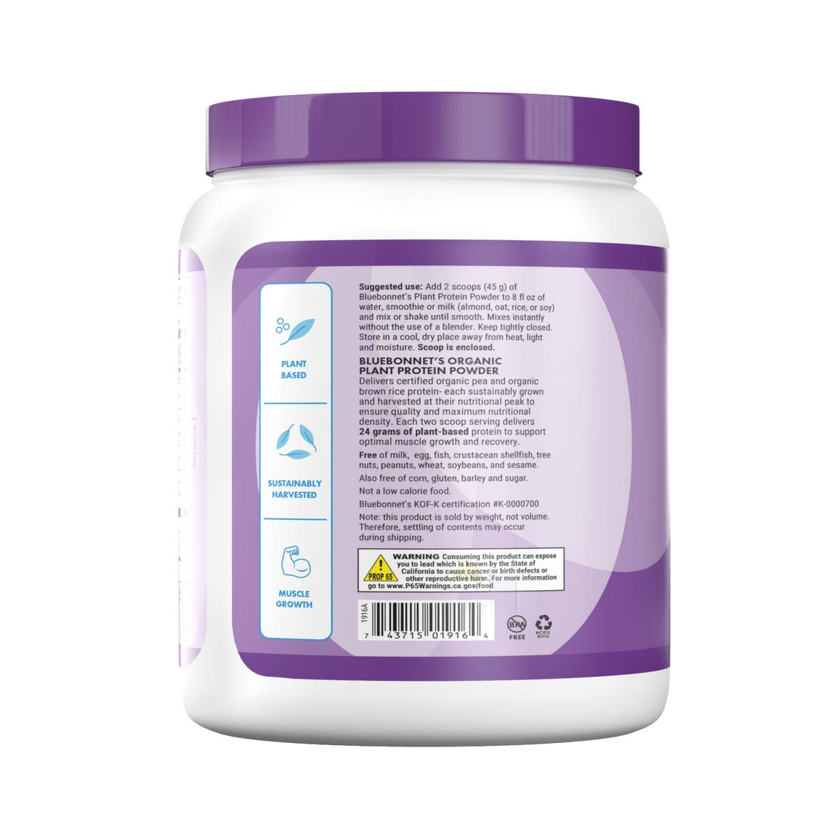 Bluebonnet’s Organic Plant Protein Chocolate flavored Powder provides significant quantities of sustainably harvested plant proteins: Organic sprouted whole grain brown rice protein concentrate, Organic yellow pea protein isolate, Organic chia sprout protein, Organic instantized quinoa seed protein. This unique blend of four powerful plant proteins collectively delivers a balance of all nine essential amino acids similar to high-quality animal protein. Description panel. #Flavor+Size_Vanilla - 1 lb