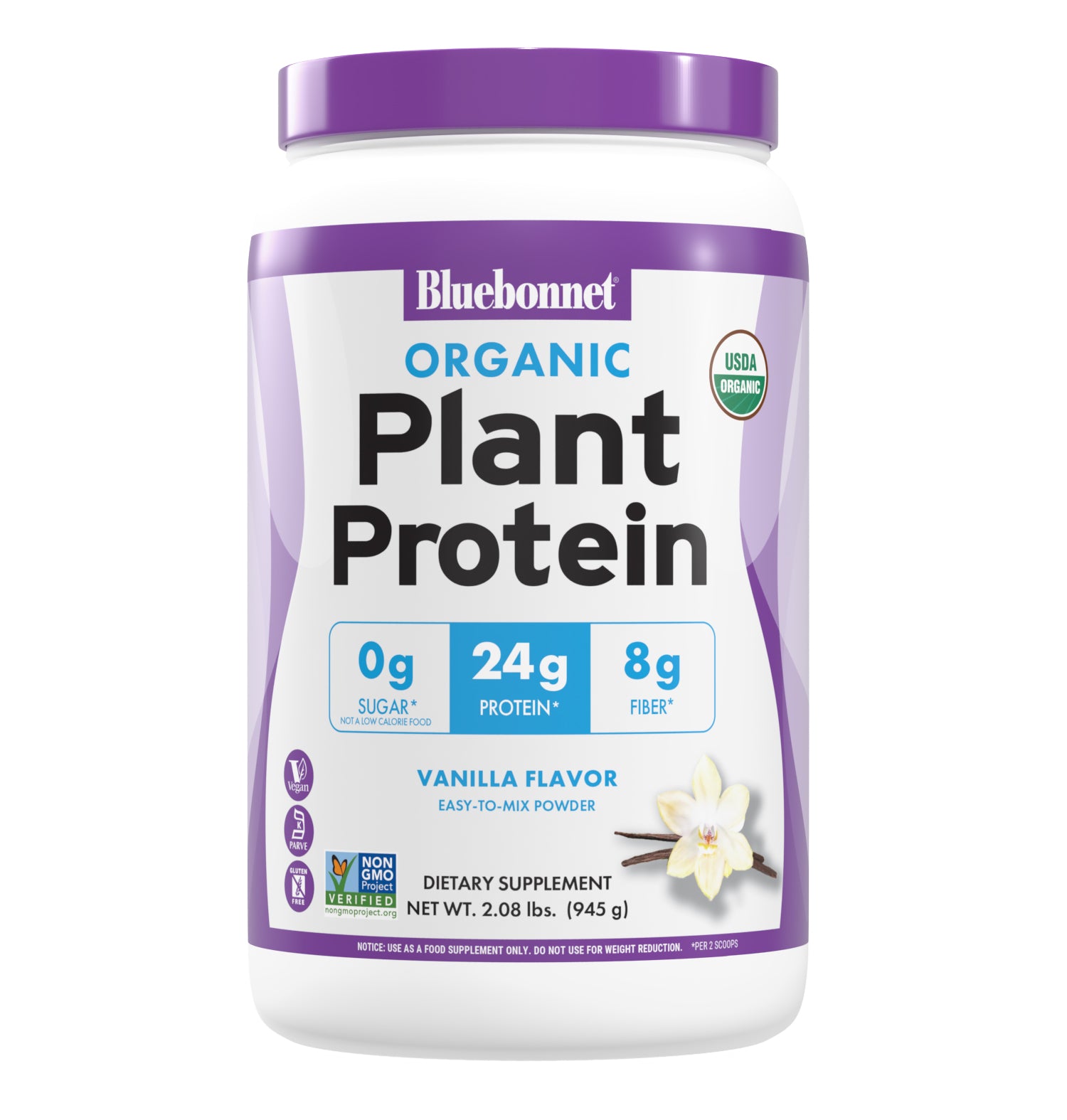 Bluebonnet’s Organic Plant Protein Chocolate flavored Powder provides significant quantities of sustainably harvested plant proteins: Organic sprouted whole grain brown rice protein concentrate, Organic yellow pea protein isolate, Organic chia sprout protein, Organic instantized quinoa seed protein. This unique blend of four powerful plant proteins collectively delivers a balance of all nine essential amino acids similar to high-quality animal protein. #Flavor_Vanilla