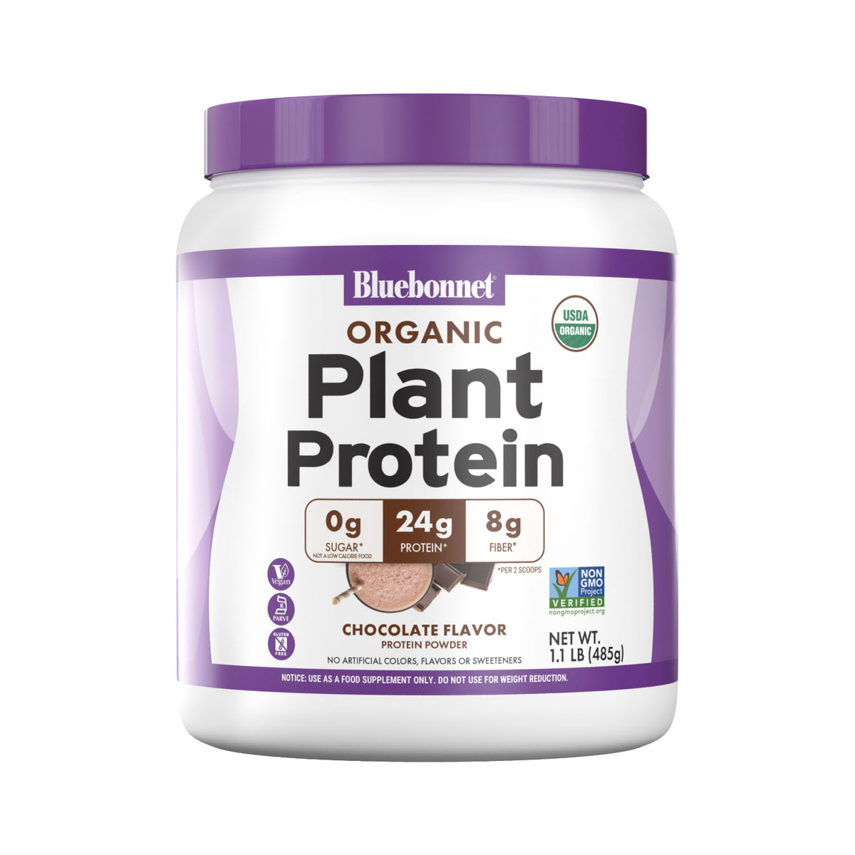 Bluebonnet’s Organic Plant Protein Chocolate flavored Powder delivers organic certified yellow pea and brown rice protein each sustainably grown and harvested at their nutritional peak to ensure quality and maximum nutritional density. Each two-scoop serving delivers 24 grams of plant-based protein to support optimal muscle growth and recovery. #Flavor+Size_Chocolate - 1 lb