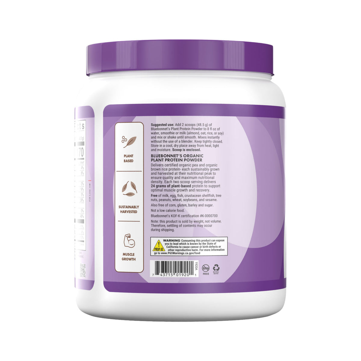Bluebonnet’s Organic Plant Protein Chocolate flavored Powder delivers organic certified yellow pea and brown rice protein each sustainably grown and harvested at their nutritional peak to ensure quality and maximum nutritional density. Each two-scoop serving delivers 24 grams of plant-based protein to support optimal muscle growth and recovery. Description panel. #Flavor+Size_Chocolate - 1 lb