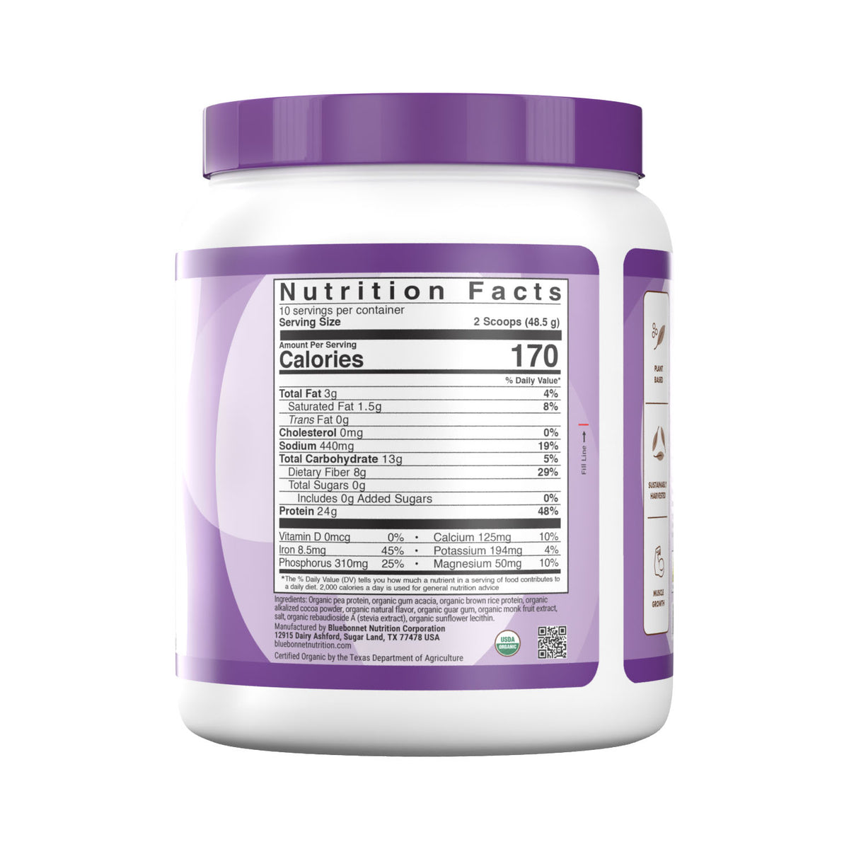 Bluebonnet’s Organic Plant Protein Chocolate flavored Powder delivers organic certified yellow pea and brown rice protein each sustainably grown and harvested at their nutritional peak to ensure quality and maximum nutritional density. Each two-scoop serving delivers 24 grams of plant-based protein to support optimal muscle growth and recovery. Supplement facts panel. #Flavor+Size_Chocolate - 1 lb