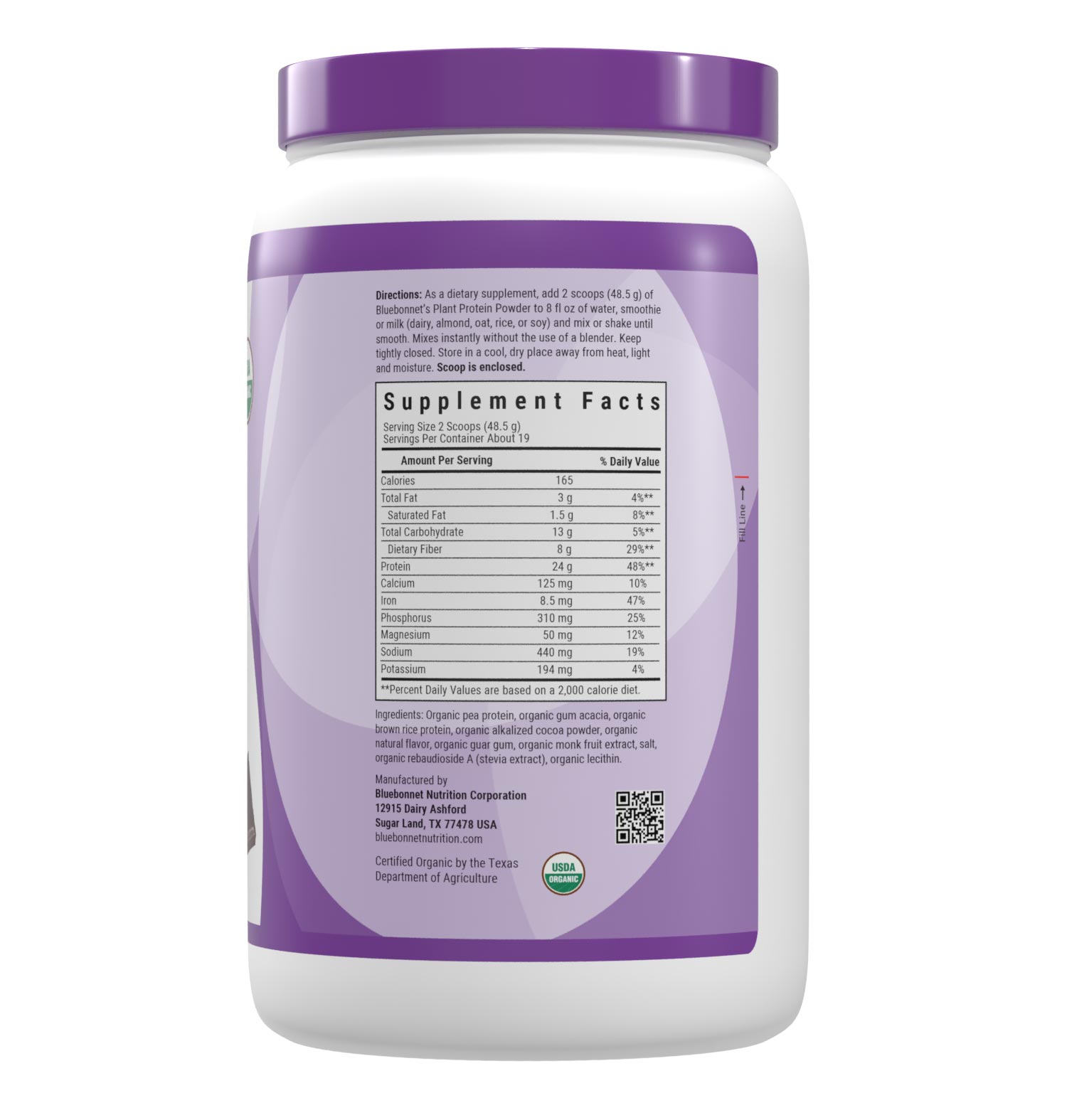 Bluebonnet’s Organic Plant Protein Chocolate flavored Powder delivers organic certified yellow pea and brown rice protein each sustainably grown and harvested at their nutritional peak to ensure quality and maximum nutritional density. Each two-scoop serving delivers 24 grams of plant-based protein to support optimal muscle growth and recovery. Supplement facts panel. #Flavor_Chocolate