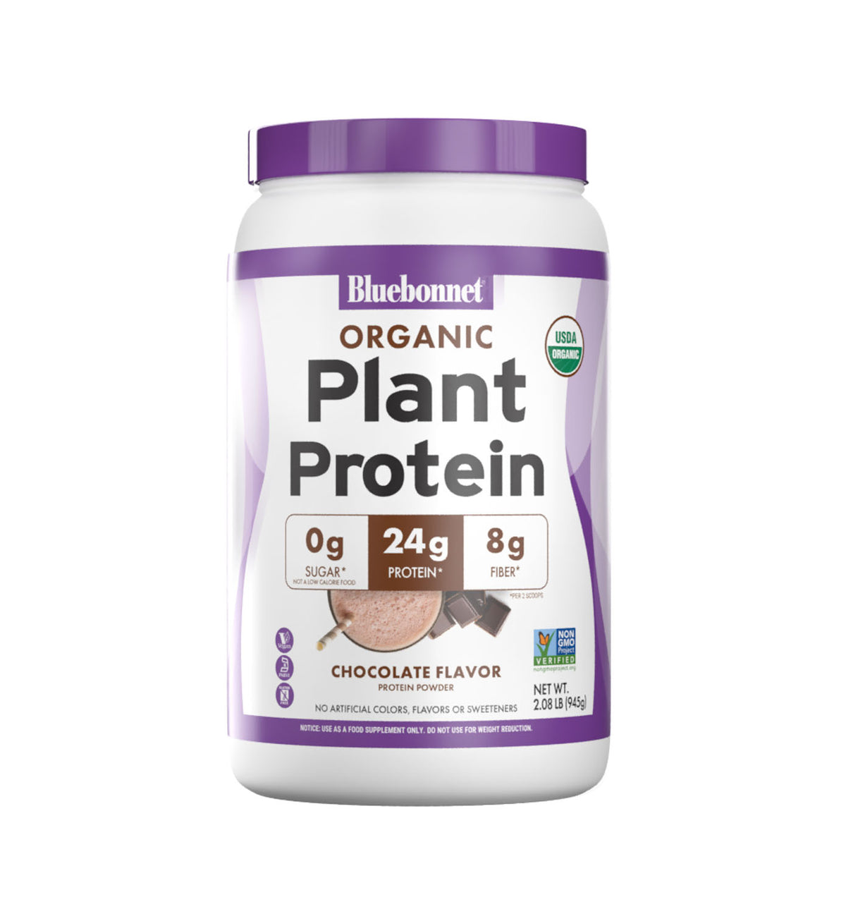 Bluebonnet’s Organic Plant Protein Chocolate flavored Powder delivers organic certified yellow pea and brown rice protein each sustainably grown and harvested at their nutritional peak to ensure quality and maximum nutritional density. Each two-scoop serving delivers 24 grams of plant-based protein to support optimal muscle growth and recovery. #Flavor+Size_Chocolate - 2 lbs