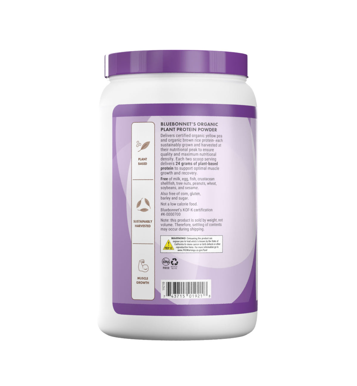 Bluebonnet’s Organic Plant Protein Chocolate flavored Powder delivers organic certified yellow pea and brown rice protein each sustainably grown and harvested at their nutritional peak to ensure quality and maximum nutritional density. Each two-scoop serving delivers 24 grams of plant-based protein to support optimal muscle growth and recovery. Description panel. #Flavor+Size_Chocolate - 2 lbs