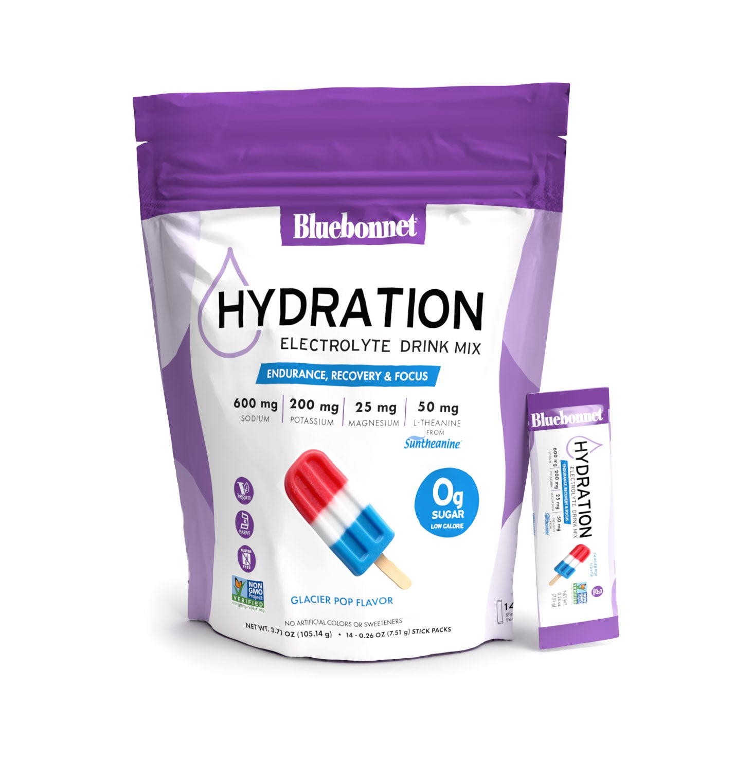 Bluebonnet Hydration Electrolyte Drink Mix for endurance, recovery & focus. Glacier Pop flavor. Contains 600 mg Sodium, 200 mg potassium, 25 mg magnesium as well as 50 mg l-theanine from Suntheanine per serving. Has no artificial colors or sweetners. #Flavor_Glacier Pop