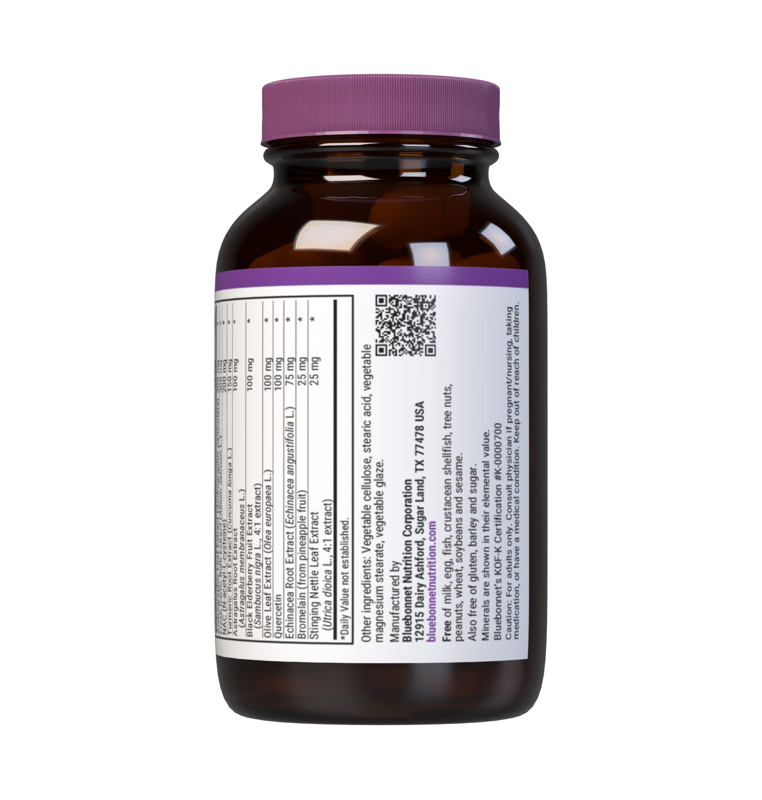 Bluebonnet’s Targeted Choice Wellness Support 30 Caplets are formulated with a complementary combination of non-GMO nutrients and sustainably sourced herbal extracts, such as vitamins A, C & D3, NAC, quercetin, zinc, andrographis, astragalus, elderberry, odor-less garlic, olive leaf, stinging nettle and turmeric. Supplement facts panel. bottom part #size_30 count