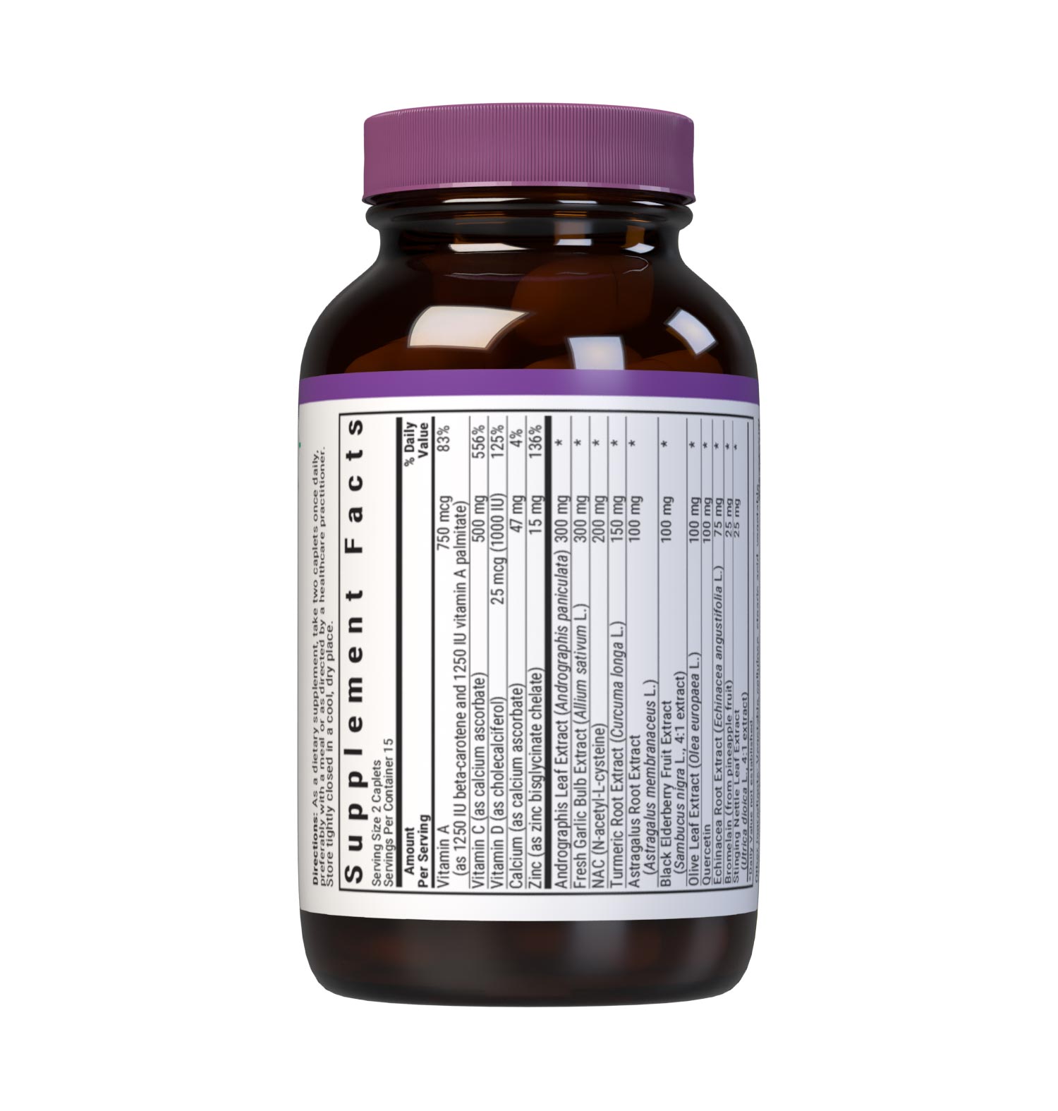 Bluebonnet’s Targeted Choice Wellness Support 30 Caplets are formulated with a complementary combination of non-GMO nutrients and sustainably sourced herbal extracts, such as vitamins A, C & D3, NAC, quercetin, zinc, andrographis, astragalus, elderberry, odor-less garlic, olive leaf, stinging nettle and turmeric. Supplement facts panel. top part #size_30 count